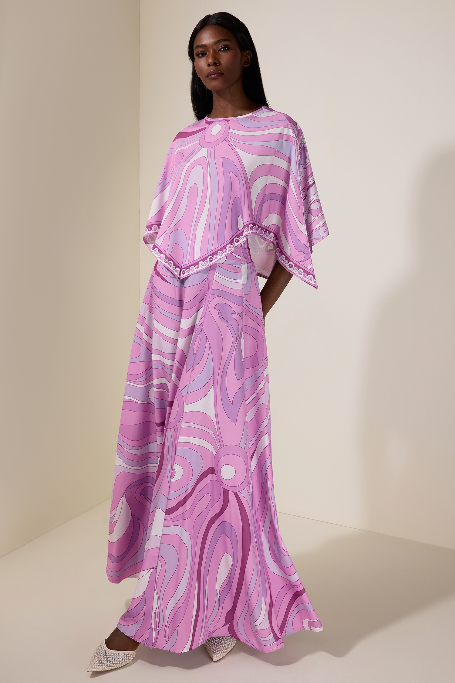 Abstract Print Cape Sleeve Top & Hight Waist Midi Skirt Set