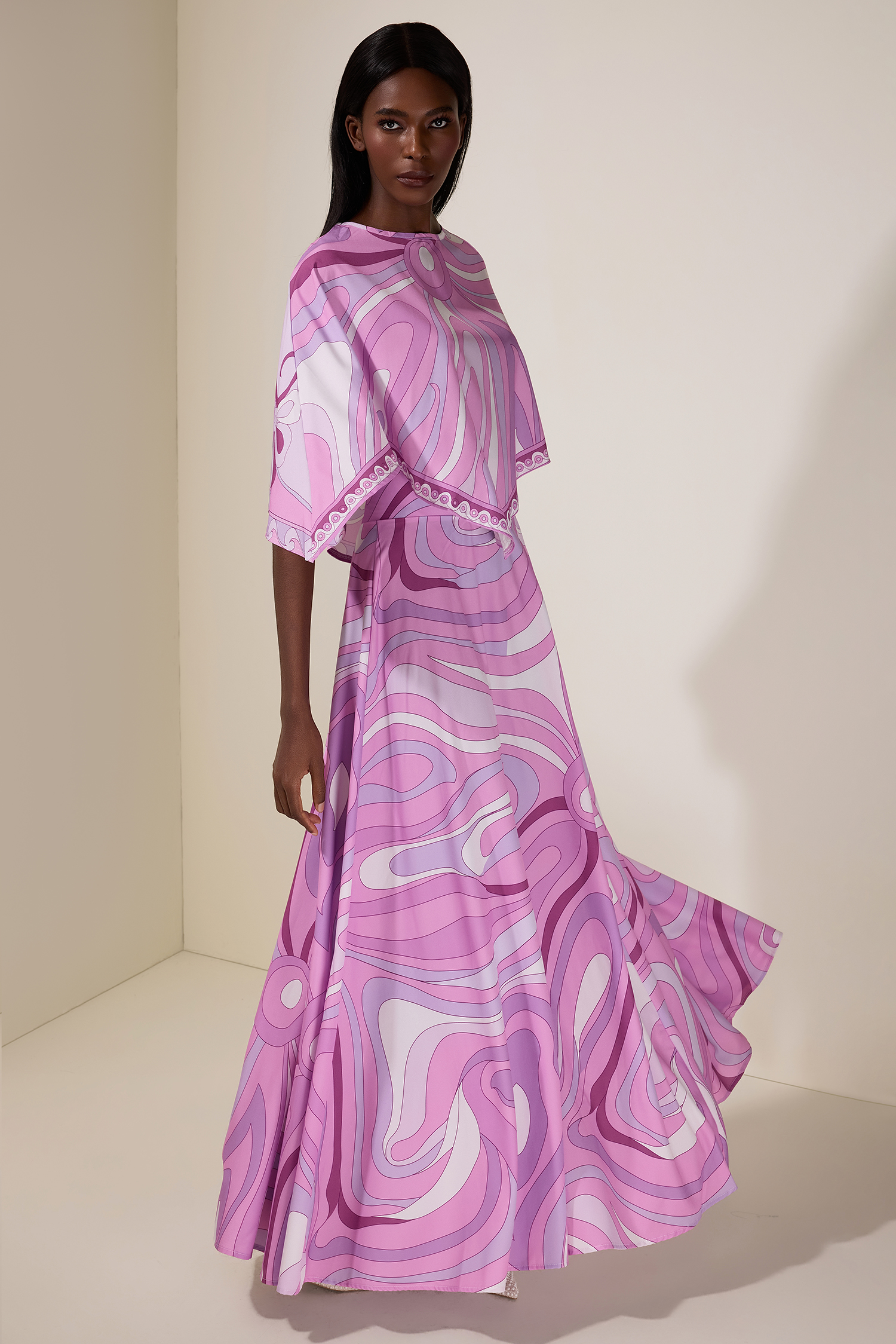 Abstract Print Cape Sleeve Top & Hight Waist Midi Skirt Set