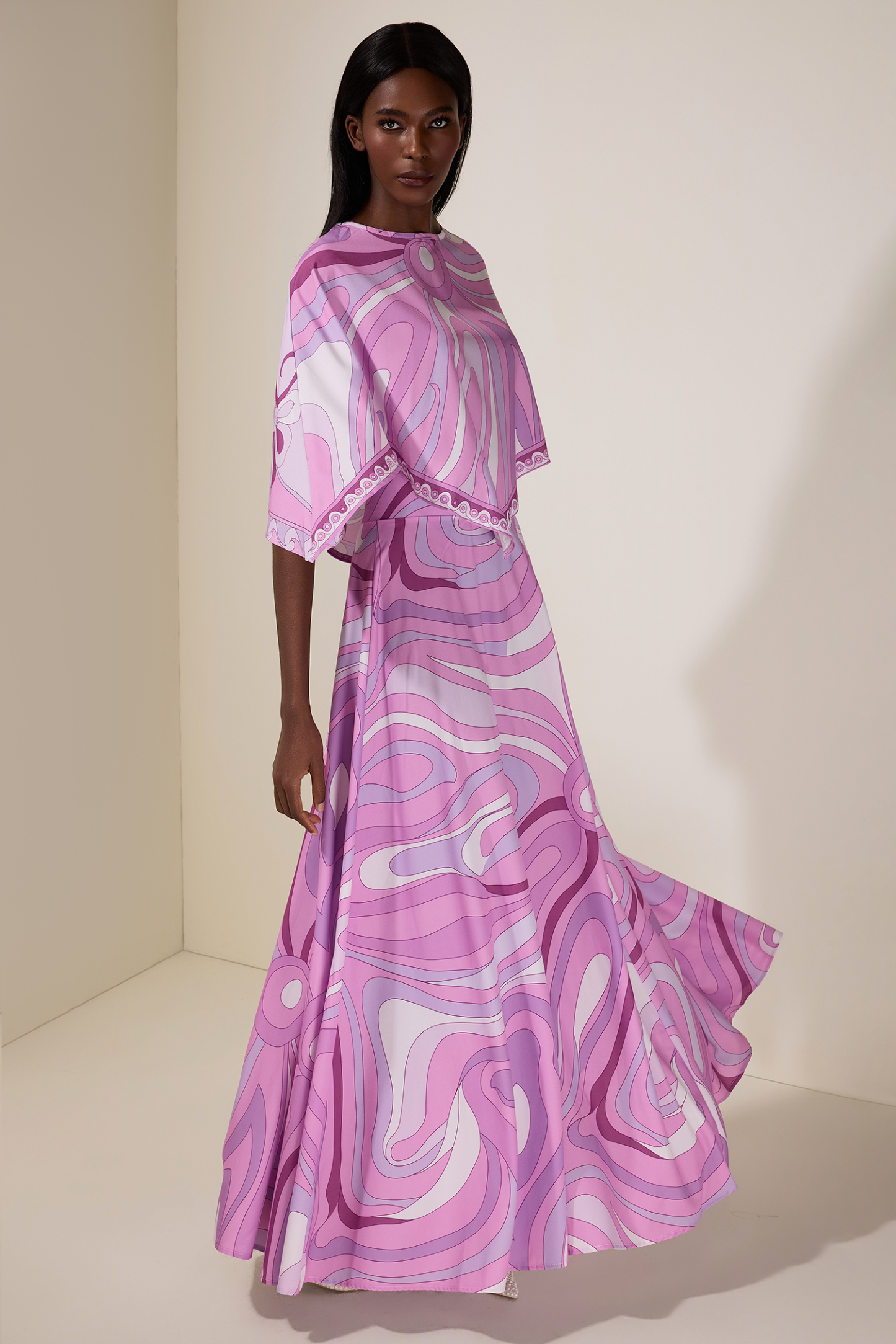 Abstract Print Cape Sleeve Top & Hight Waist Midi Skirt Set