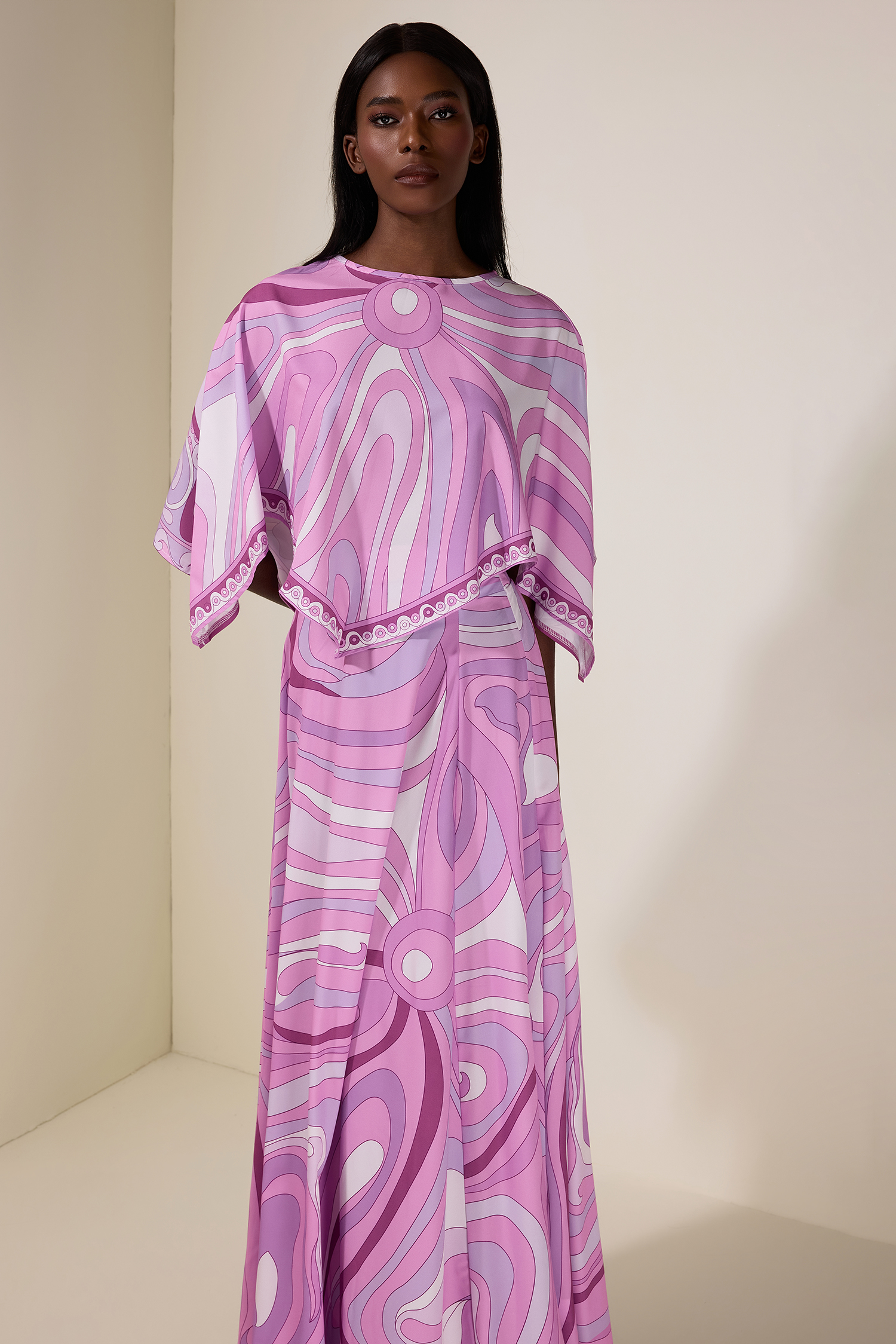 Abstract Print Cape Sleeve Top & Hight Waist Midi Skirt Set