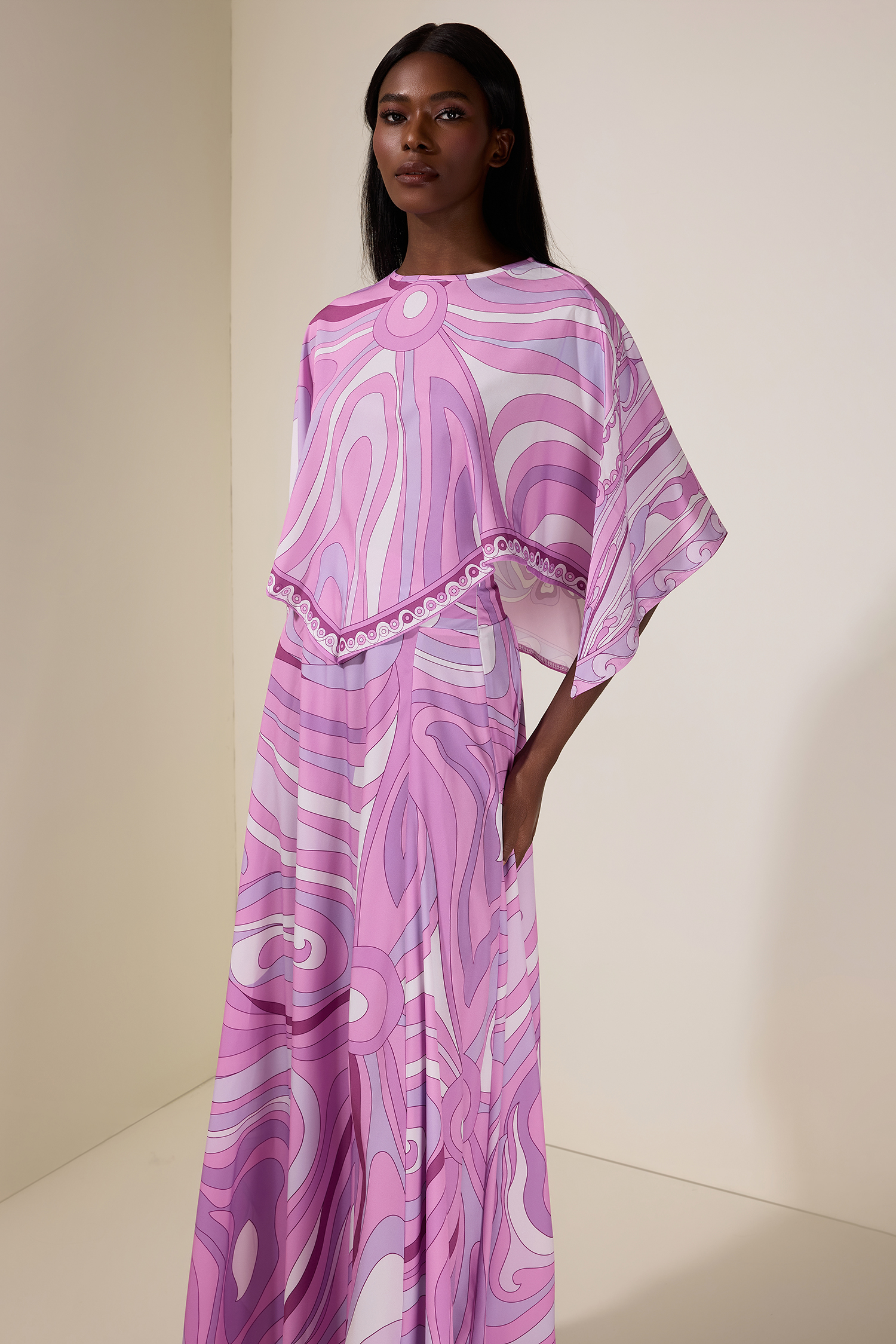 Abstract Print Cape Sleeve Top & Hight Waist Midi Skirt Set