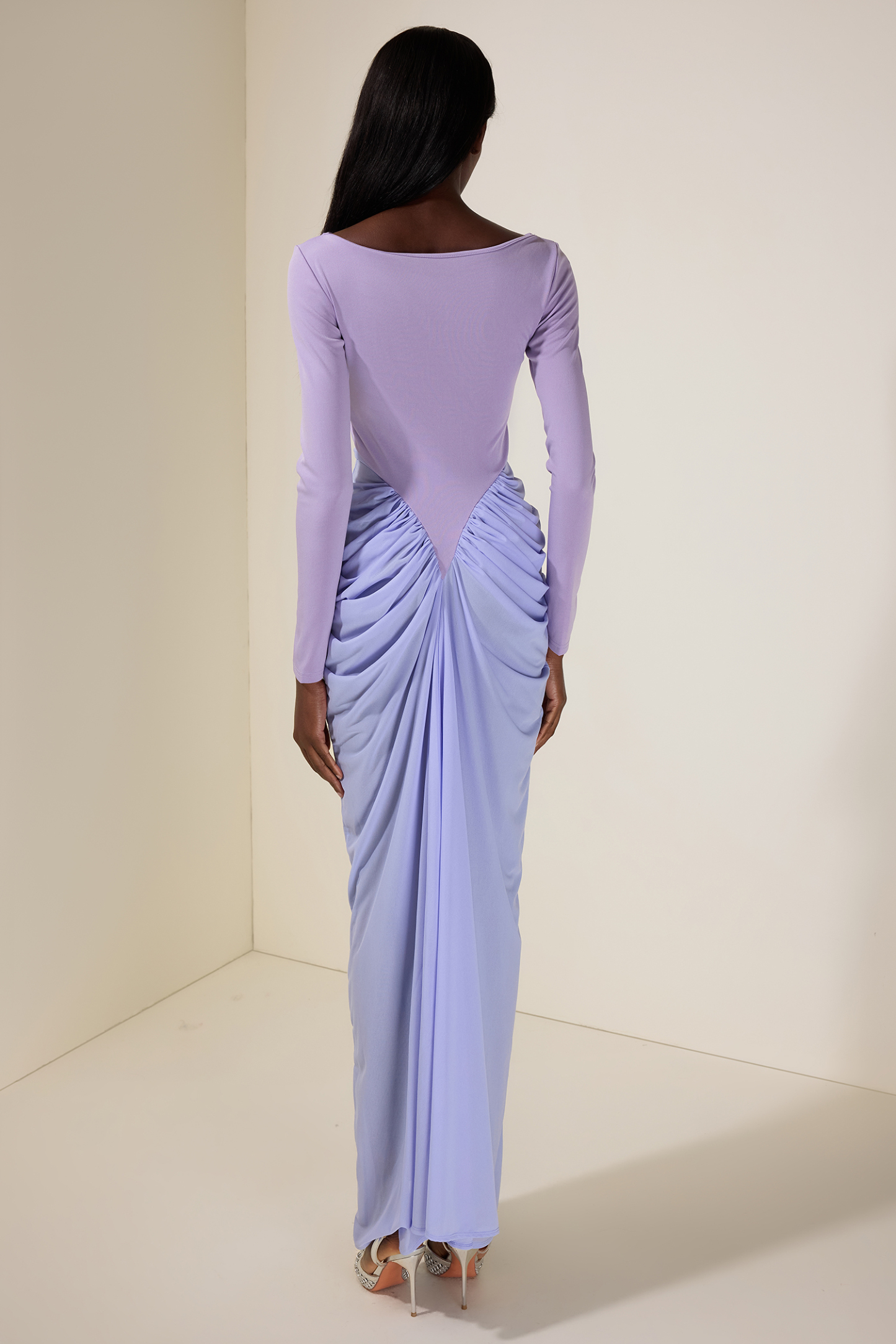 Jersey Contrast Color Gathering Maxi Dress