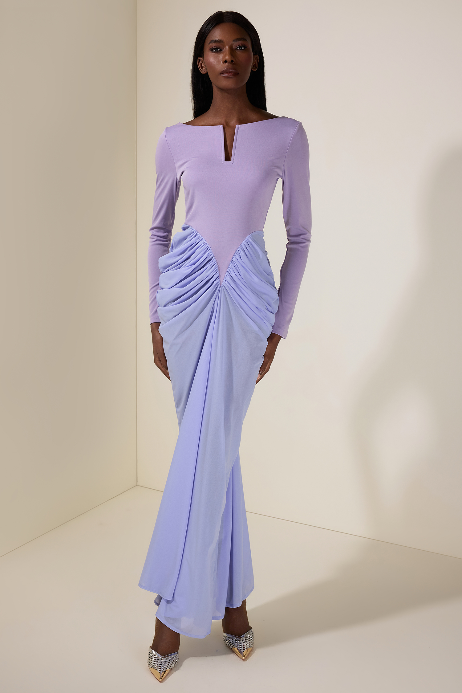 Jersey Contrast Color Gathering Maxi Dress