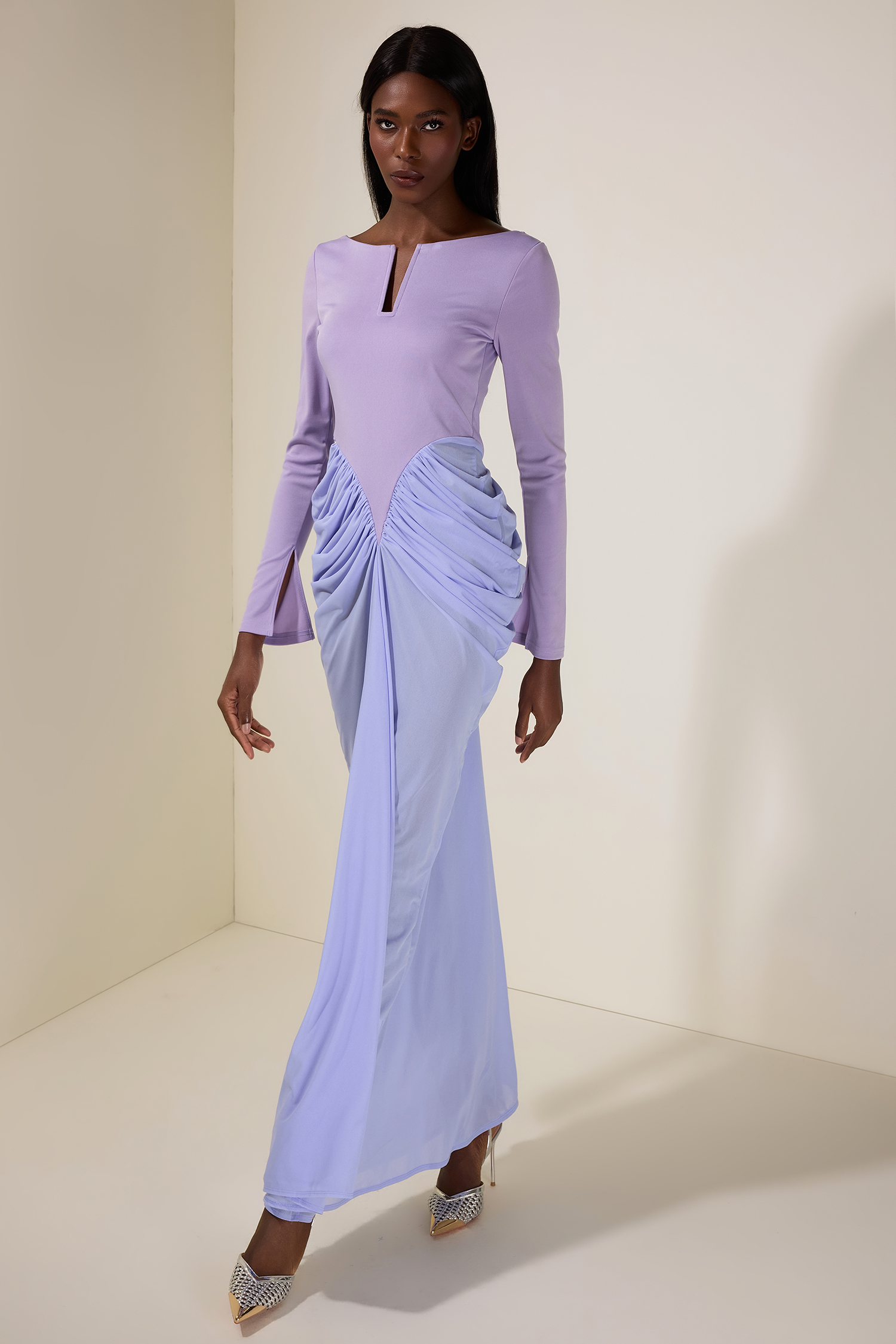 Jersey Contrast Color Gathering Maxi Dress