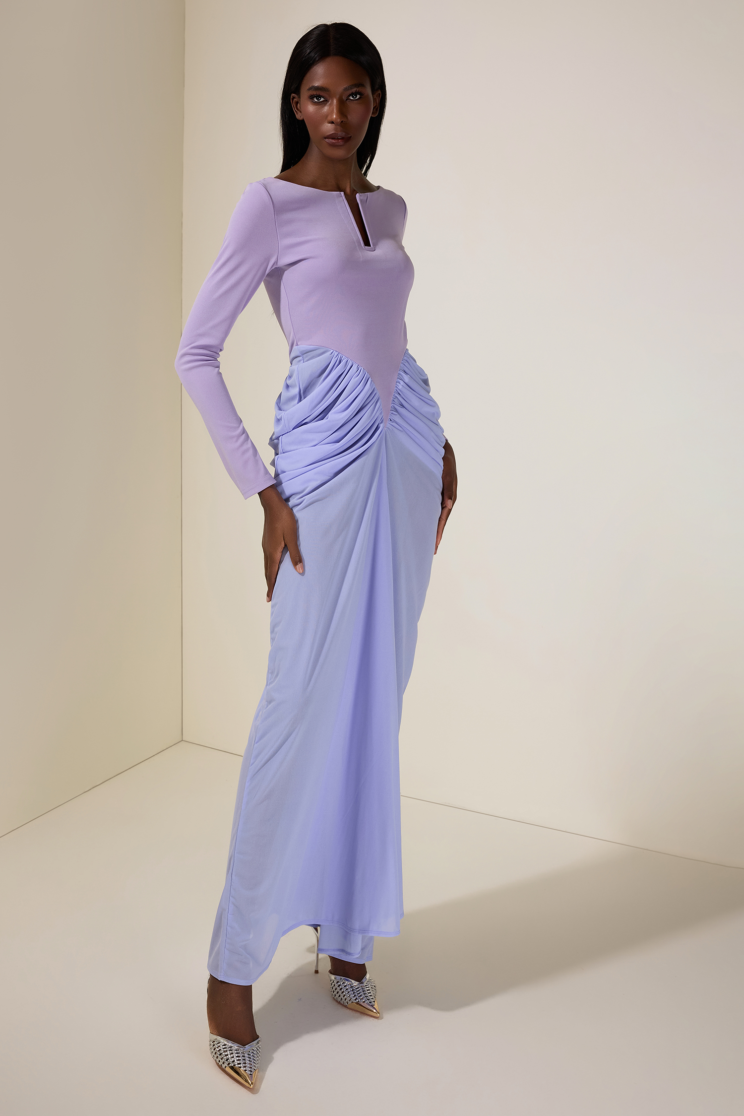 Jersey Contrast Color Gathering Maxi Dress