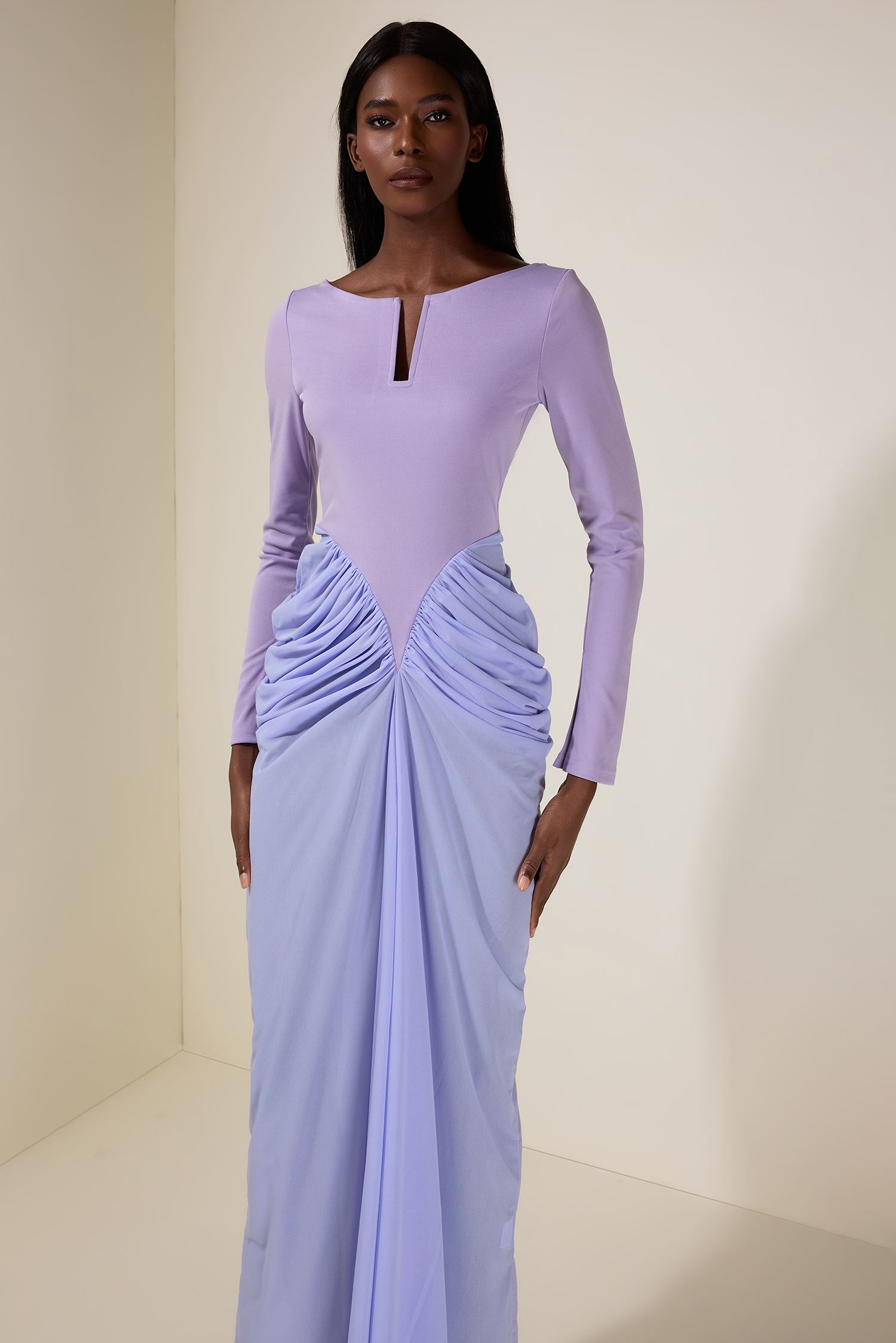 Jersey Contrast Color Gathering Maxi Dress