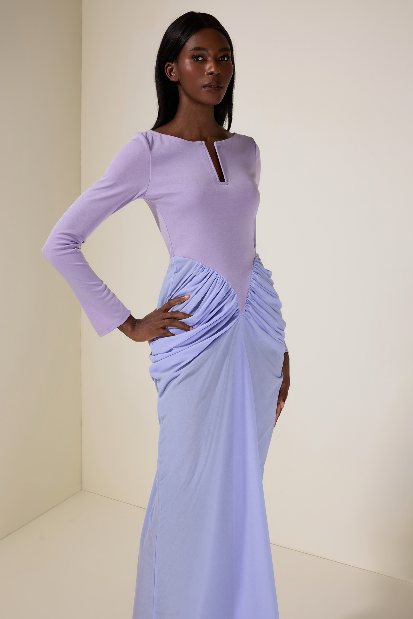 Jersey Contrast Color Gathering Maxi Dress