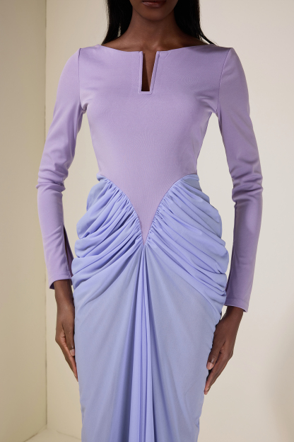 Jersey Contrast Color Gathering Maxi Dress