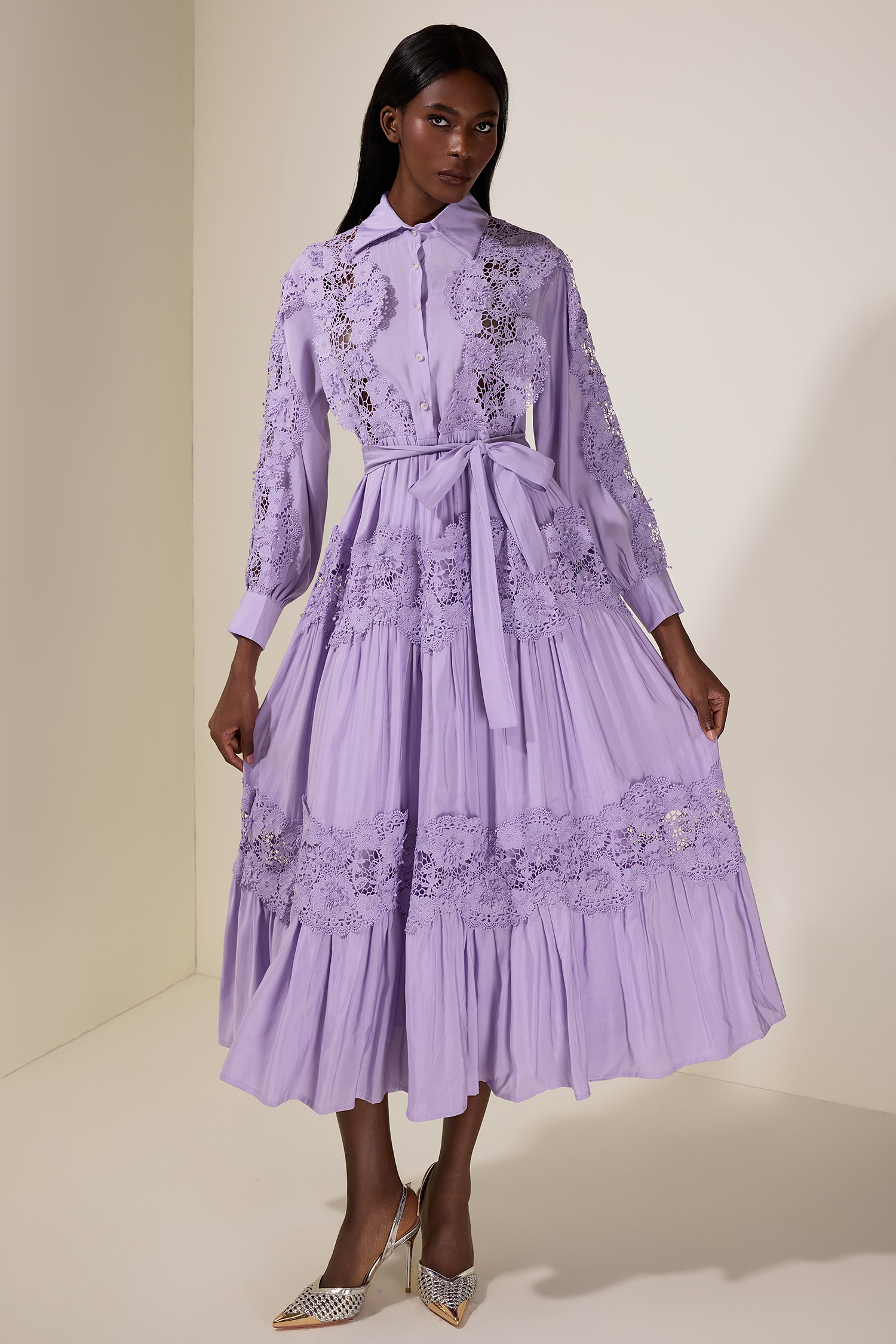 Lace Splicing Flapped Midi Dress