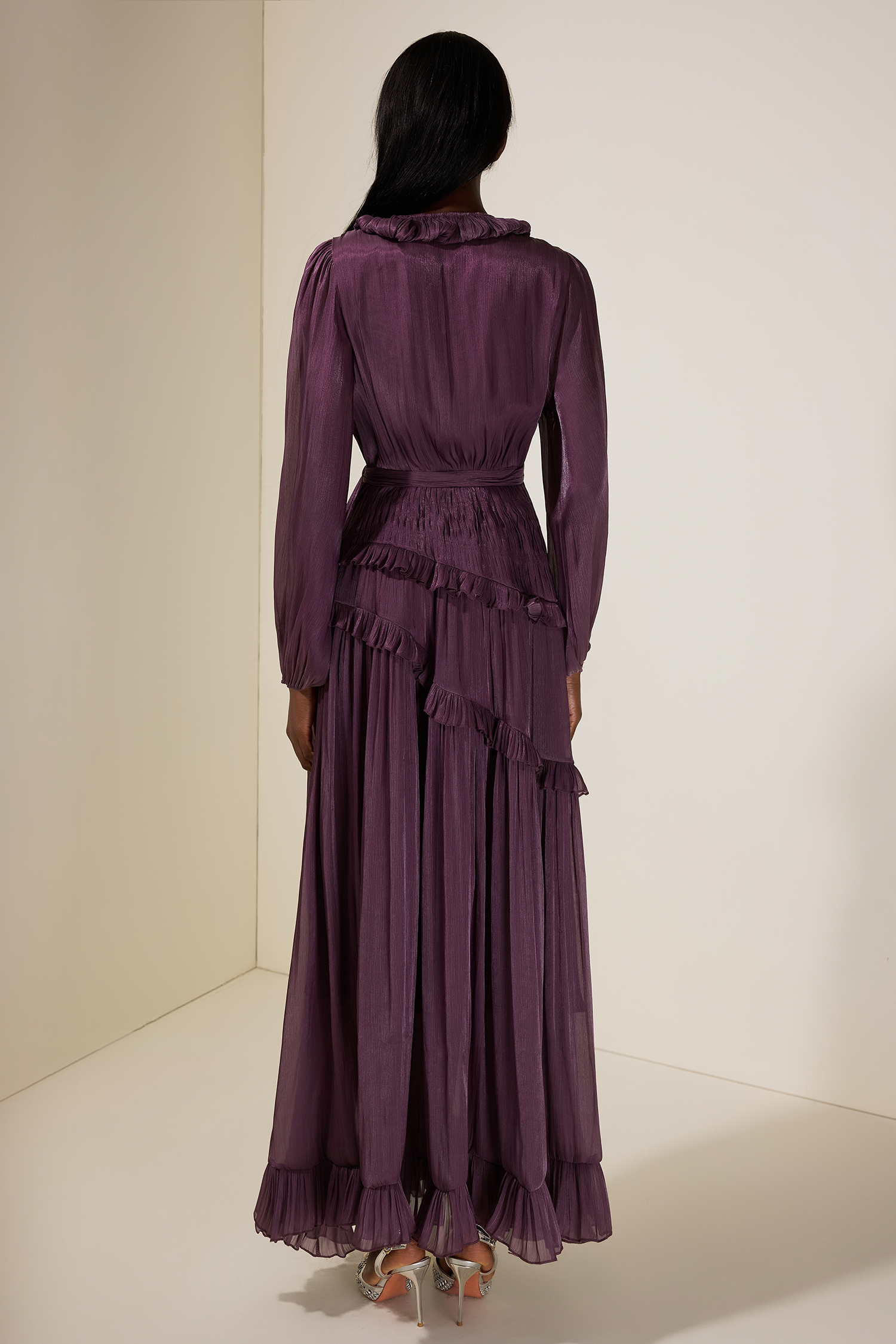 Pleated Lace-Up Ruffle Midi Dress