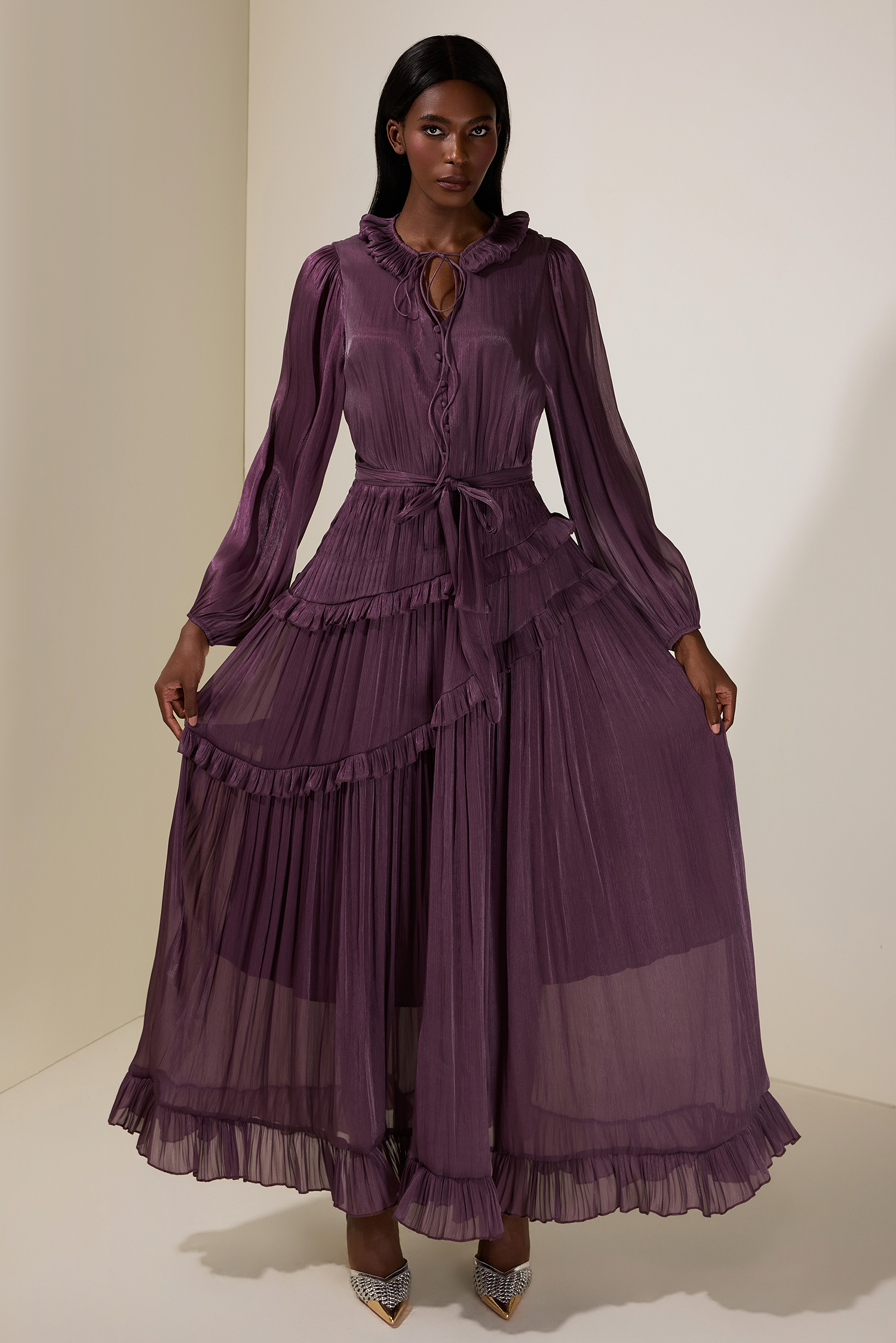 Pleated Lace-Up Ruffle Midi Dress