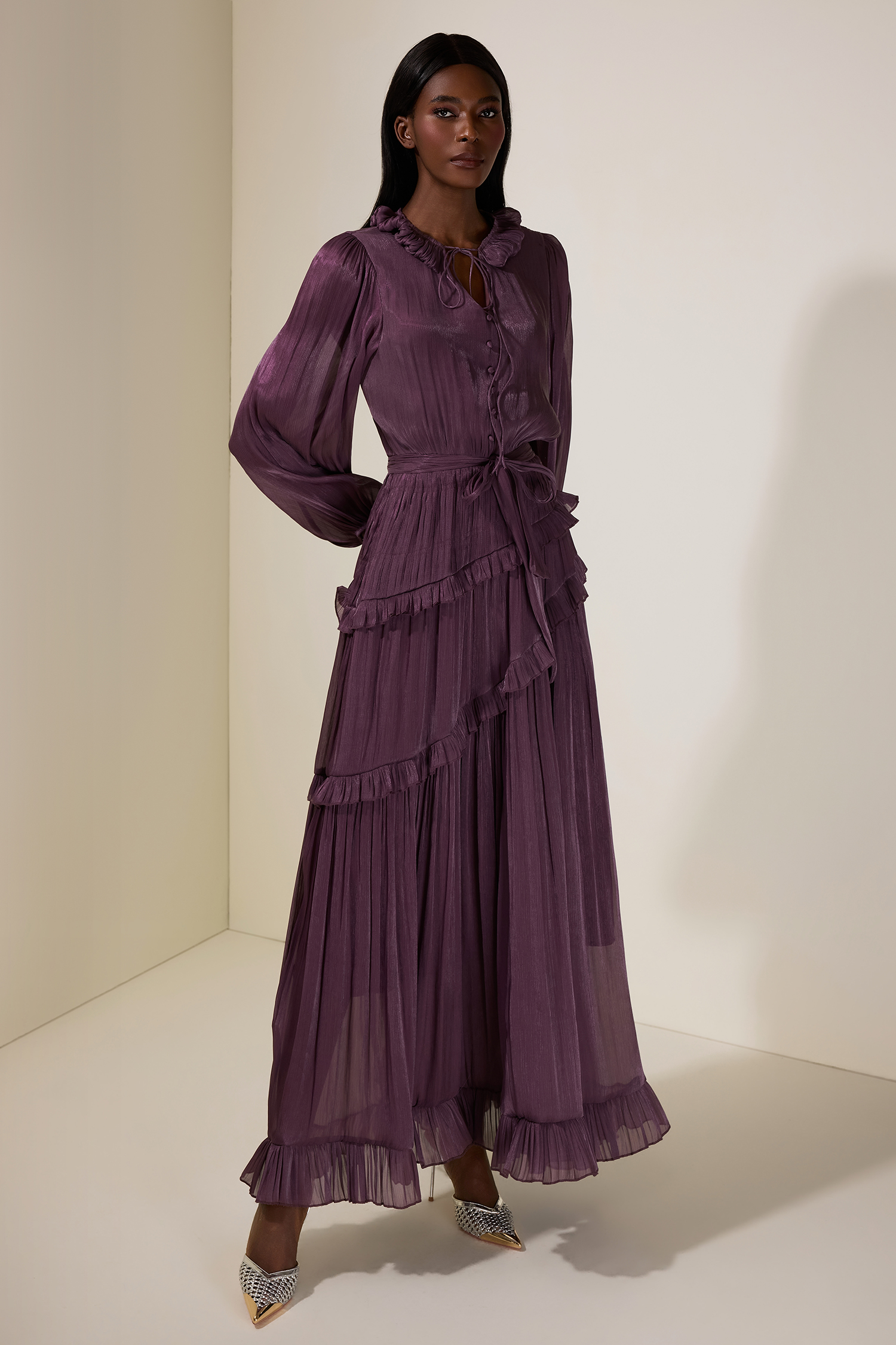 Pleated Lace-Up Ruffle Midi Dress