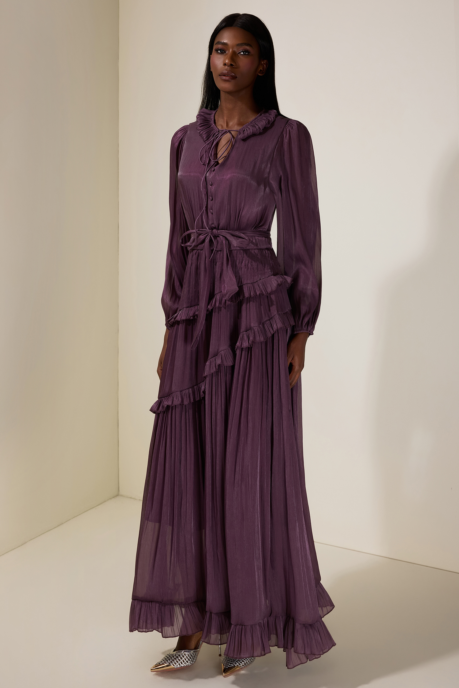 Pleated Lace-Up Ruffle Midi Dress