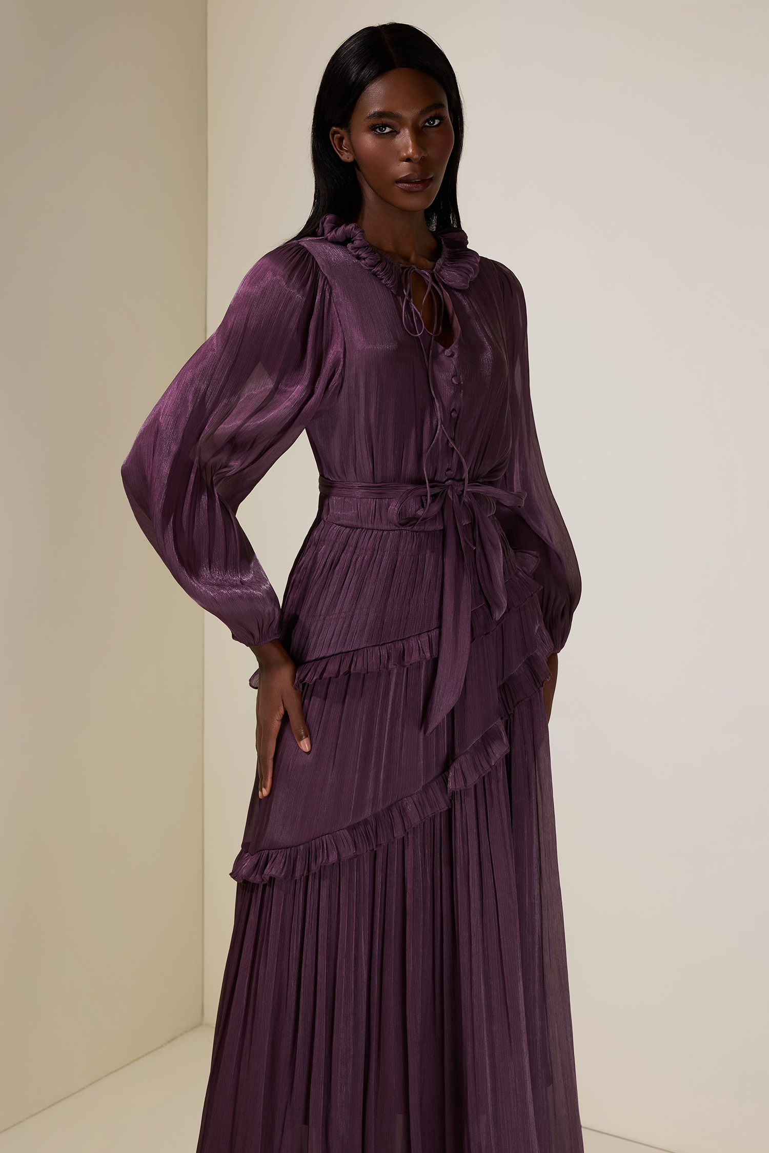 Pleated Lace-Up Ruffle Midi Dress