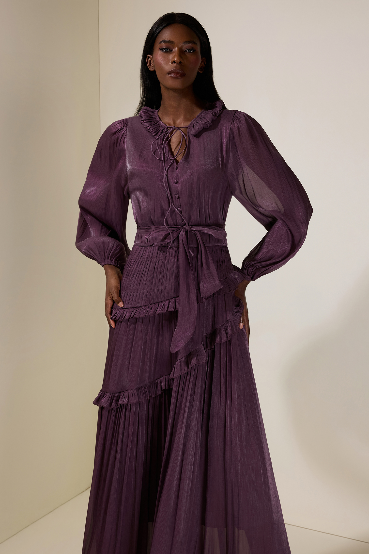 Pleated Lace-Up Ruffle Midi Dress