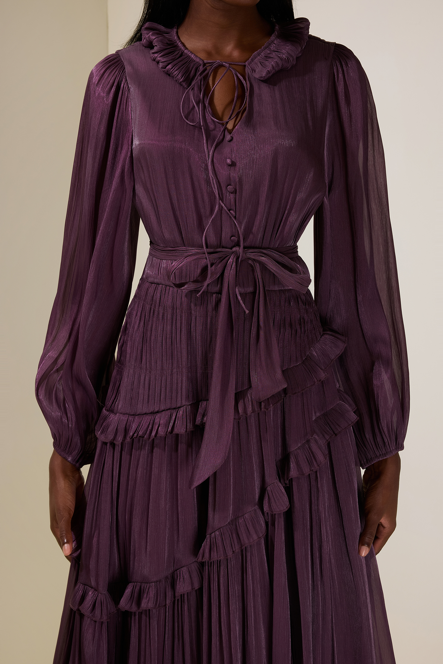 Pleated Lace-Up Ruffle Midi Dress