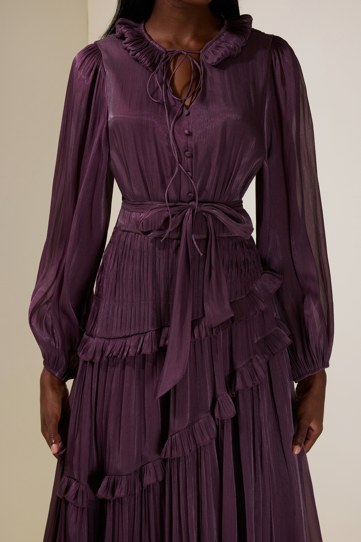 Pleated Lace-Up Ruffle Midi Dress