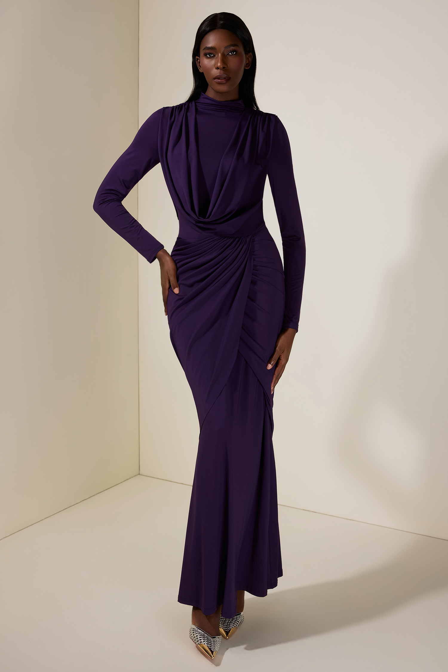 Jersey Gathering Long Sleeve Maxi Dress