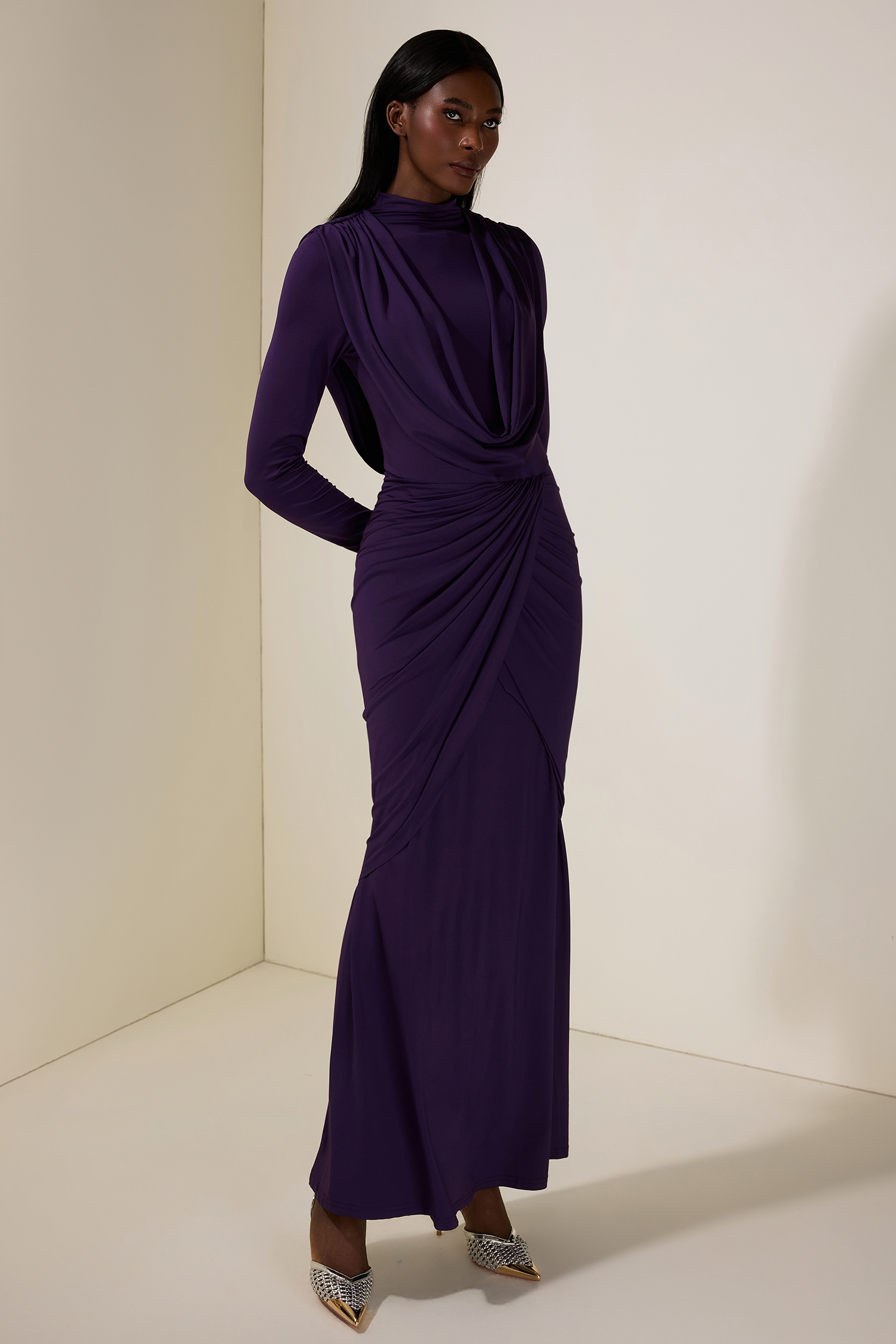 Jersey Gathering Long Sleeve Maxi Dress