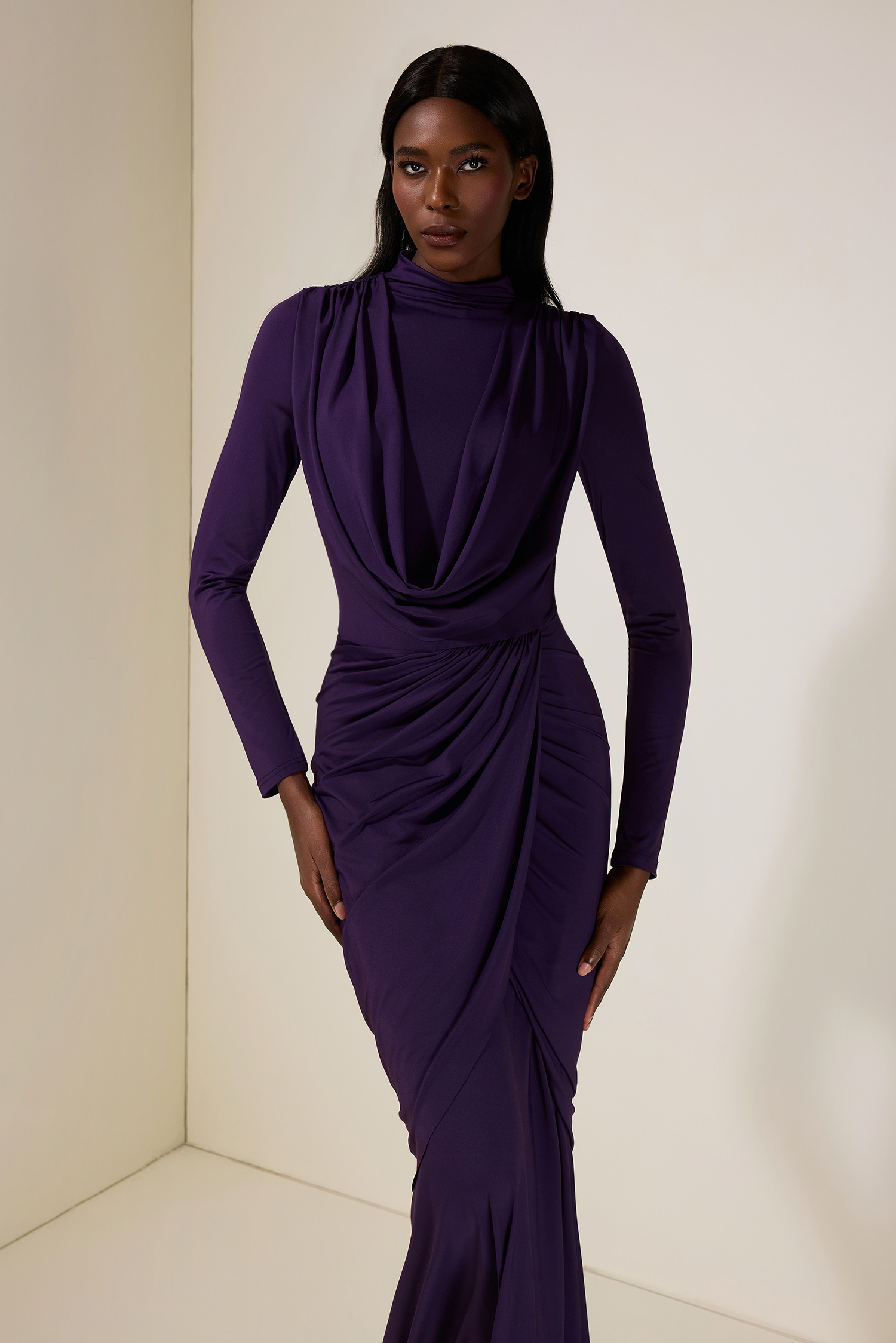 Jersey Gathering Long Sleeve Maxi Dress