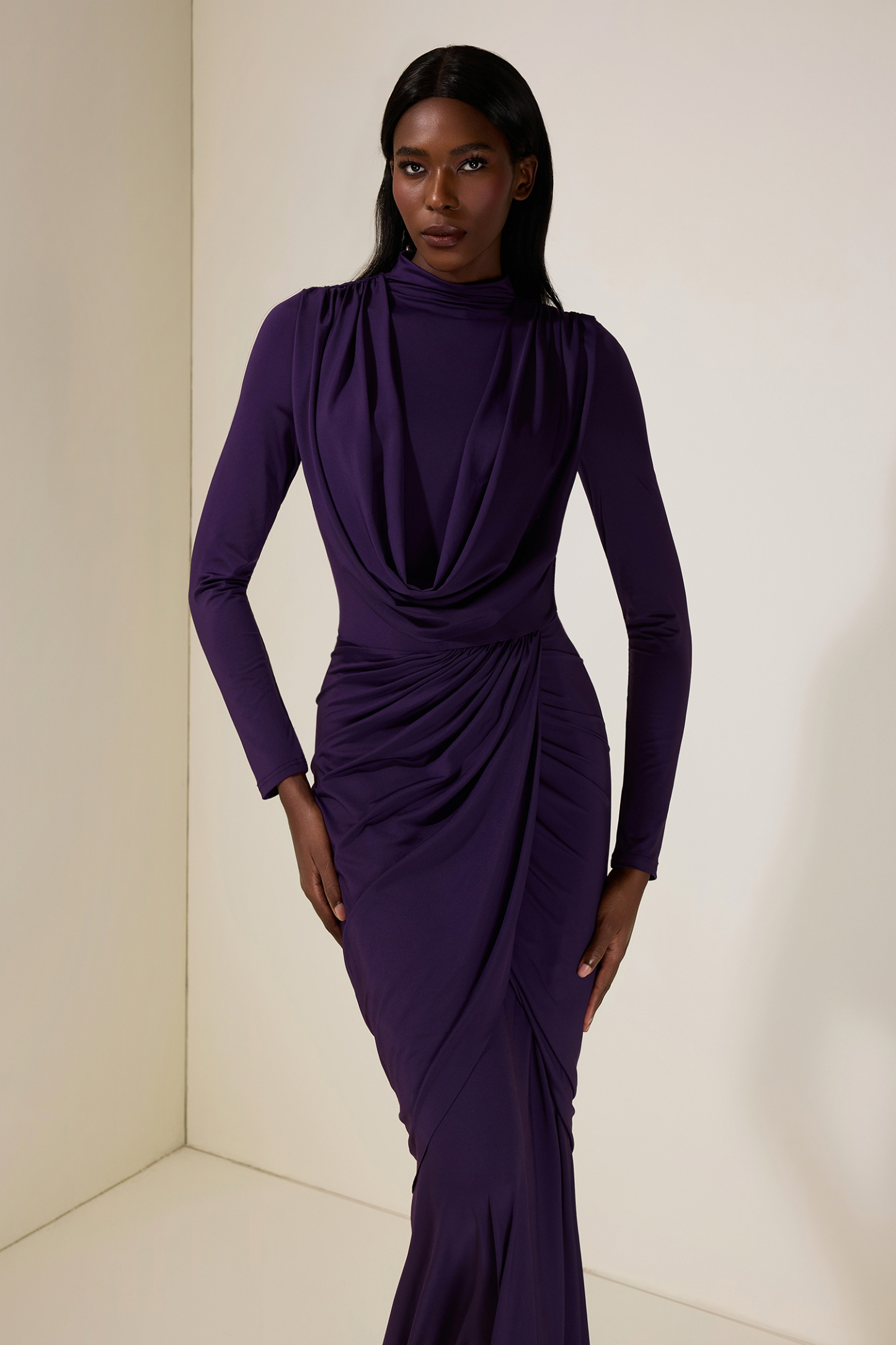Jersey Gathering Long Sleeve Maxi Dress