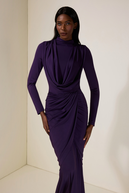 Jersey Gathering Long Sleeve Maxi Dress