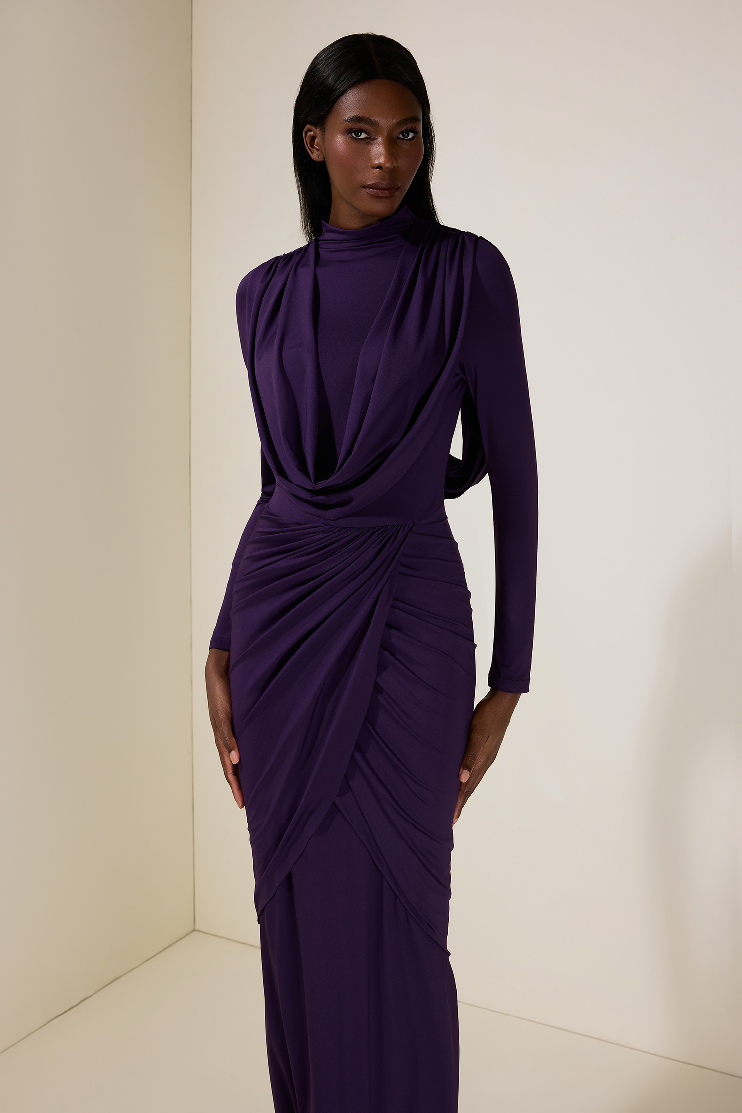 Jersey Gathering Long Sleeve Maxi Dress