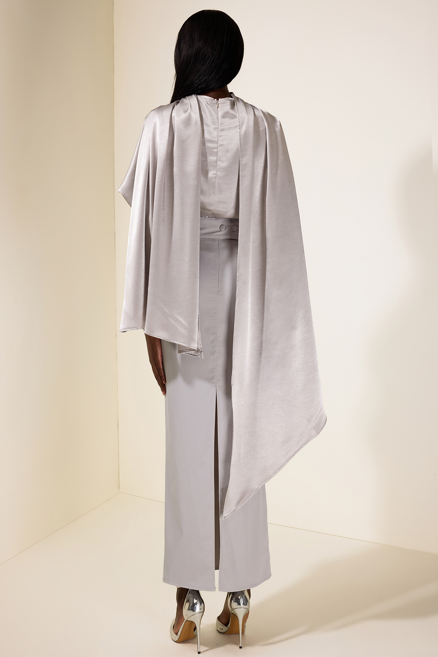 Satin Cape Sleeve Top & Slit Midi Skirt Set