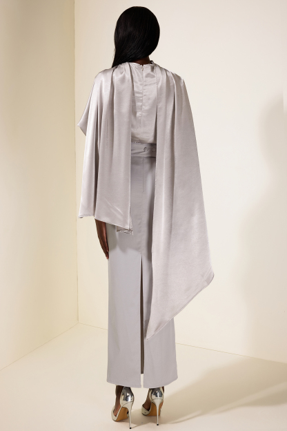 Satin Cape Sleeve Top & Slit Midi Skirt Set