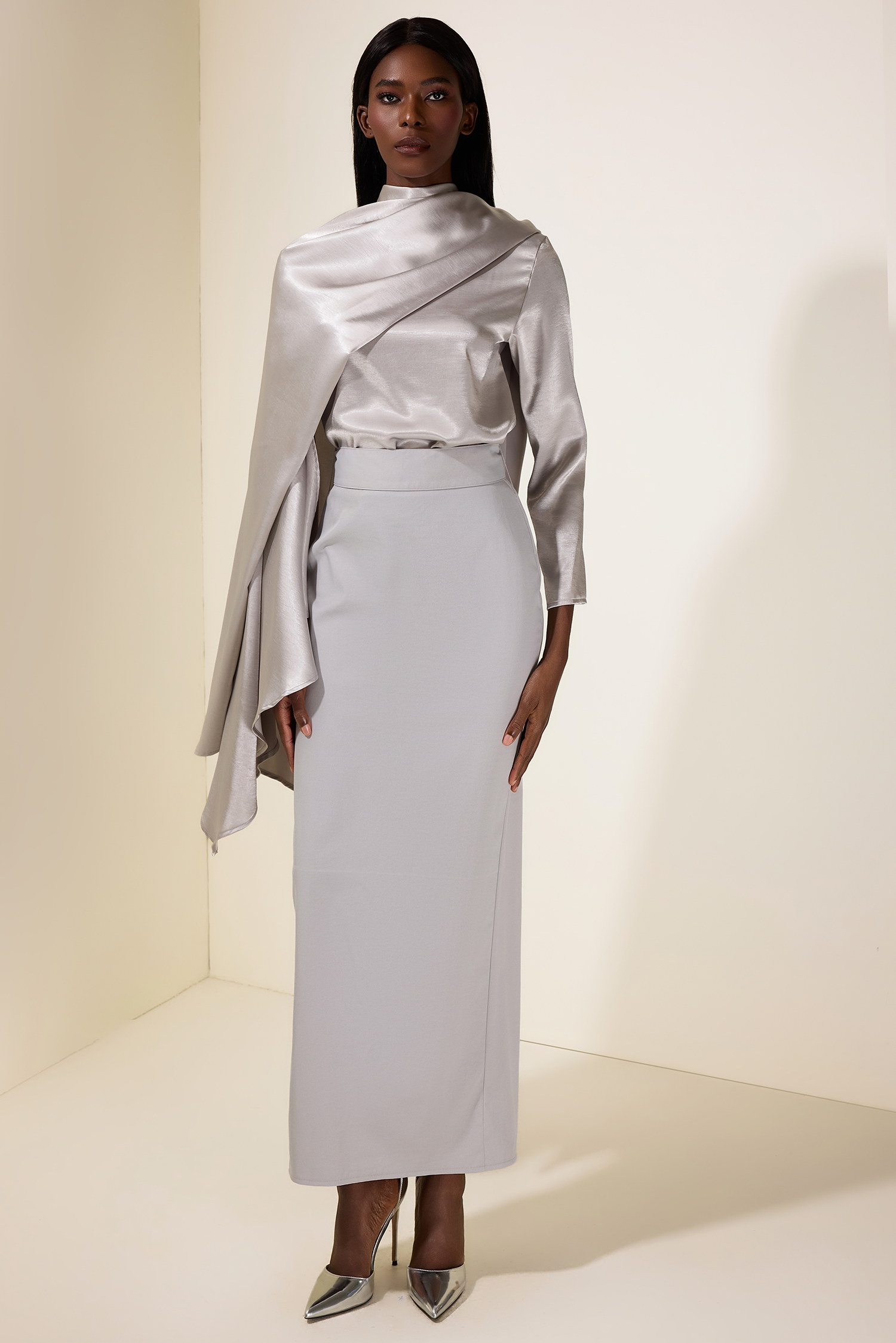 Satin Cape Sleeve Top & Slit Midi Skirt Set