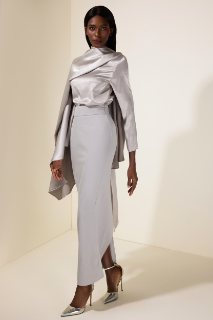 Satin Cape Sleeve Top & Slit Midi Skirt Set