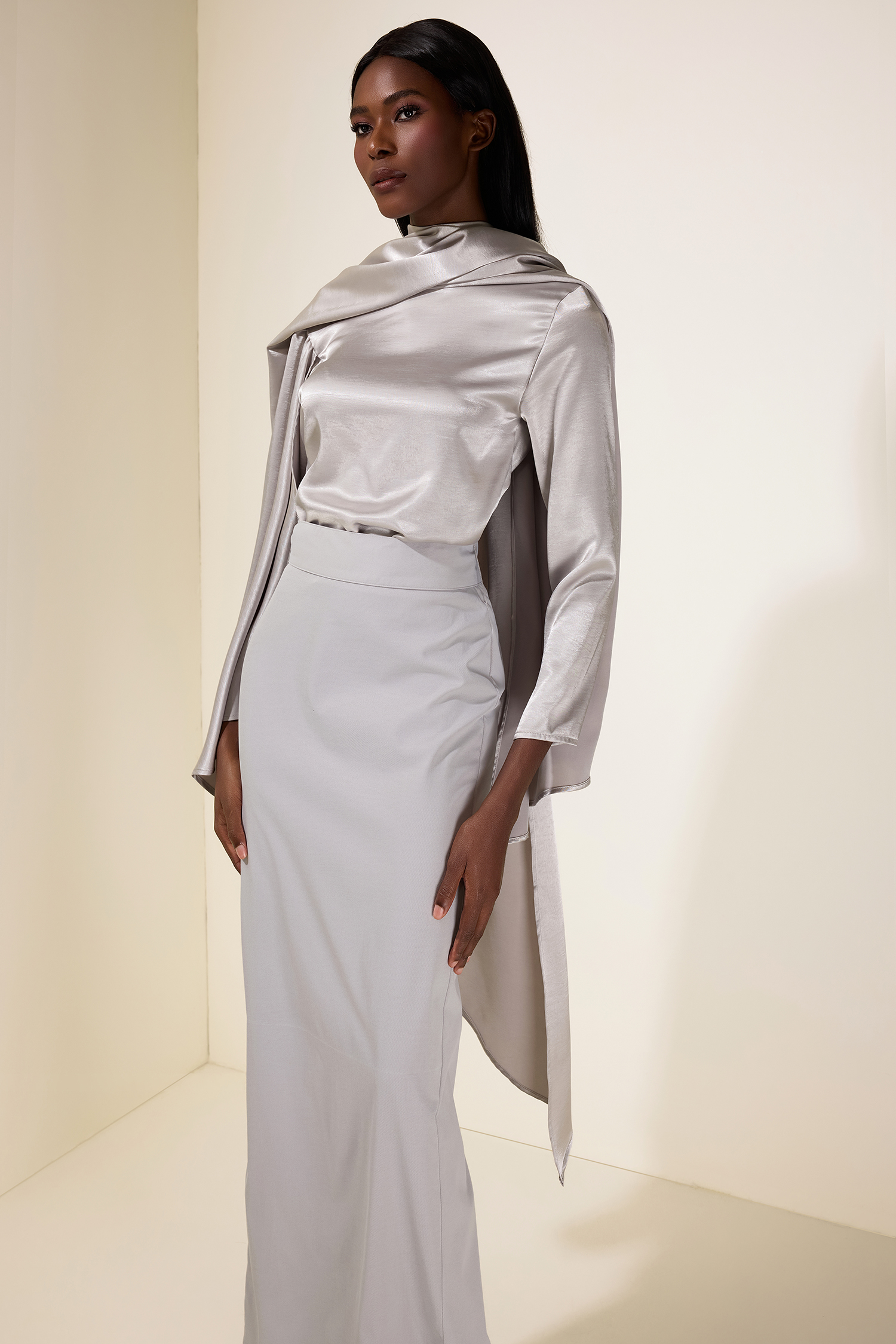 Satin Cape Sleeve Top & Slit Midi Skirt Set