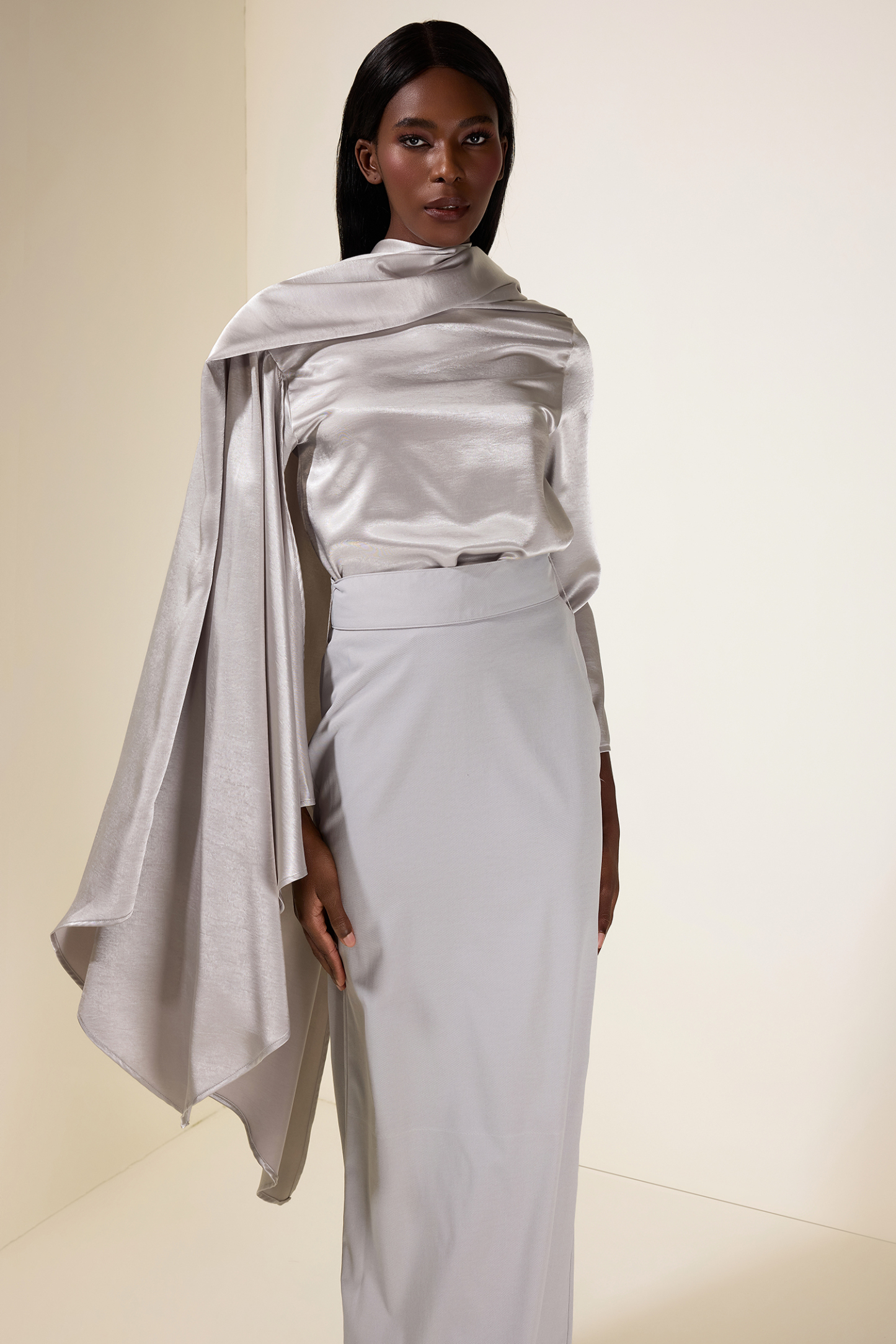 Satin Cape Sleeve Top & Slit Midi Skirt Set