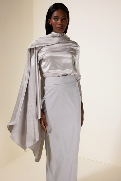 Satin Cape Sleeve Top & Slit Midi Skirt Set