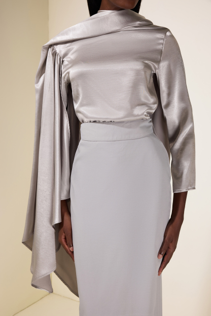 Satin Cape Sleeve Top & Slit Midi Skirt Set