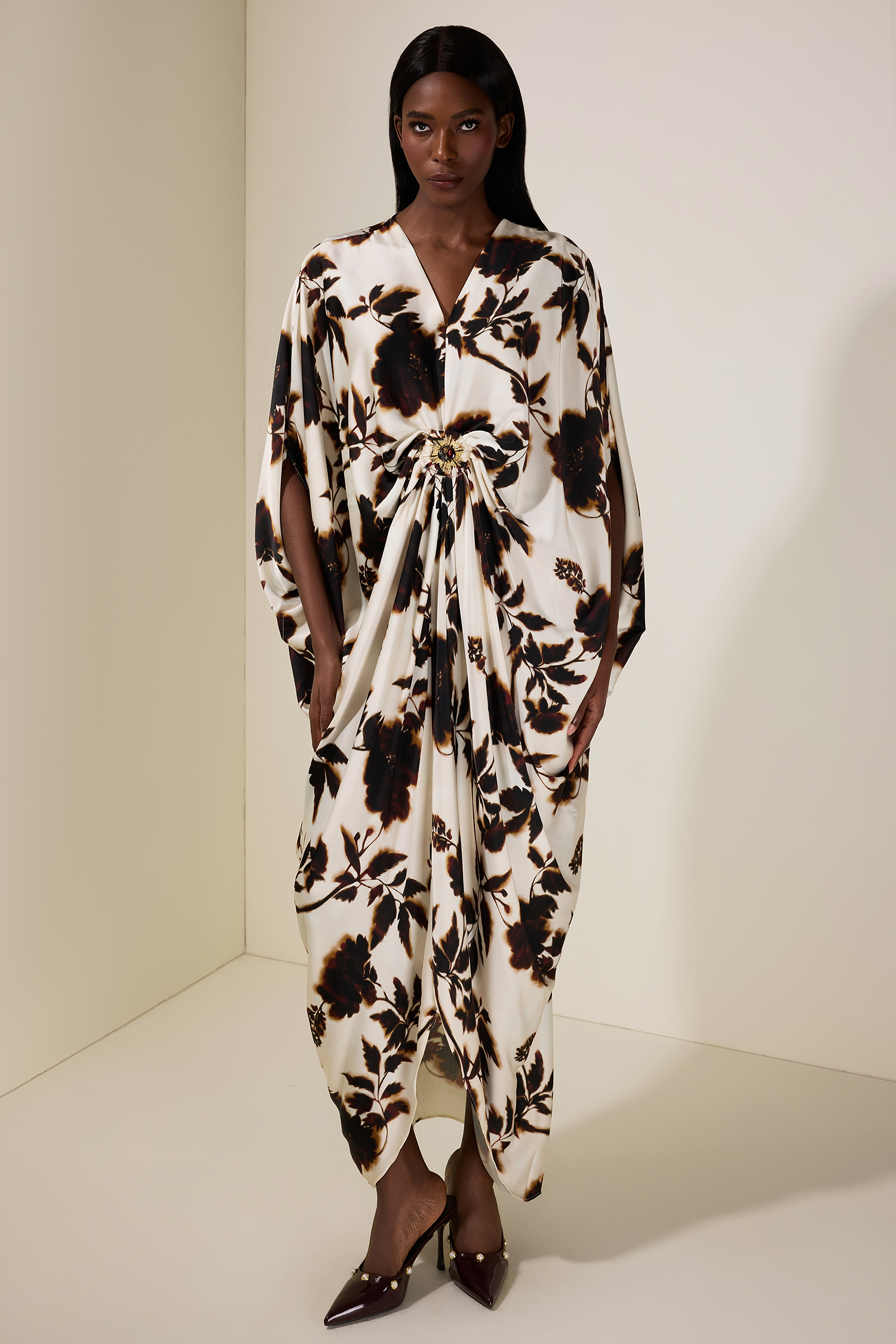 Floral Batwing Sleeve Metal Decorations  Midi Dress