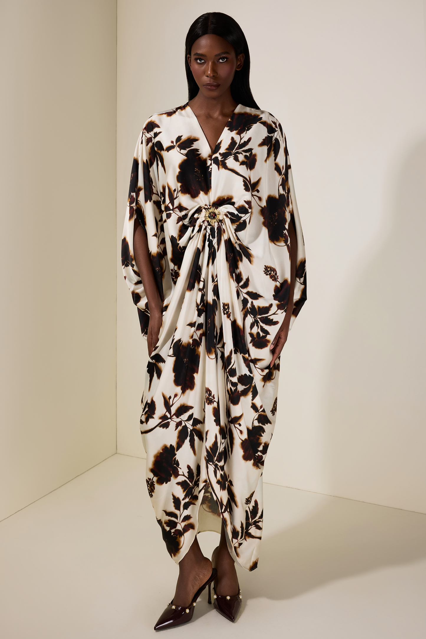 Floral Batwing Sleeve Metal Decorations Midi Dress