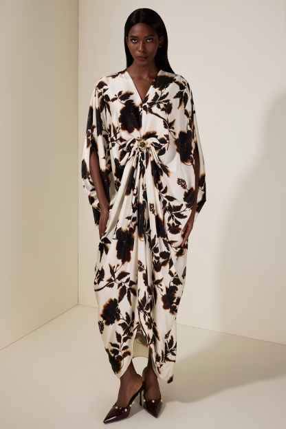 Floral Batwing Sleeve Metal Decorations  Midi Dress