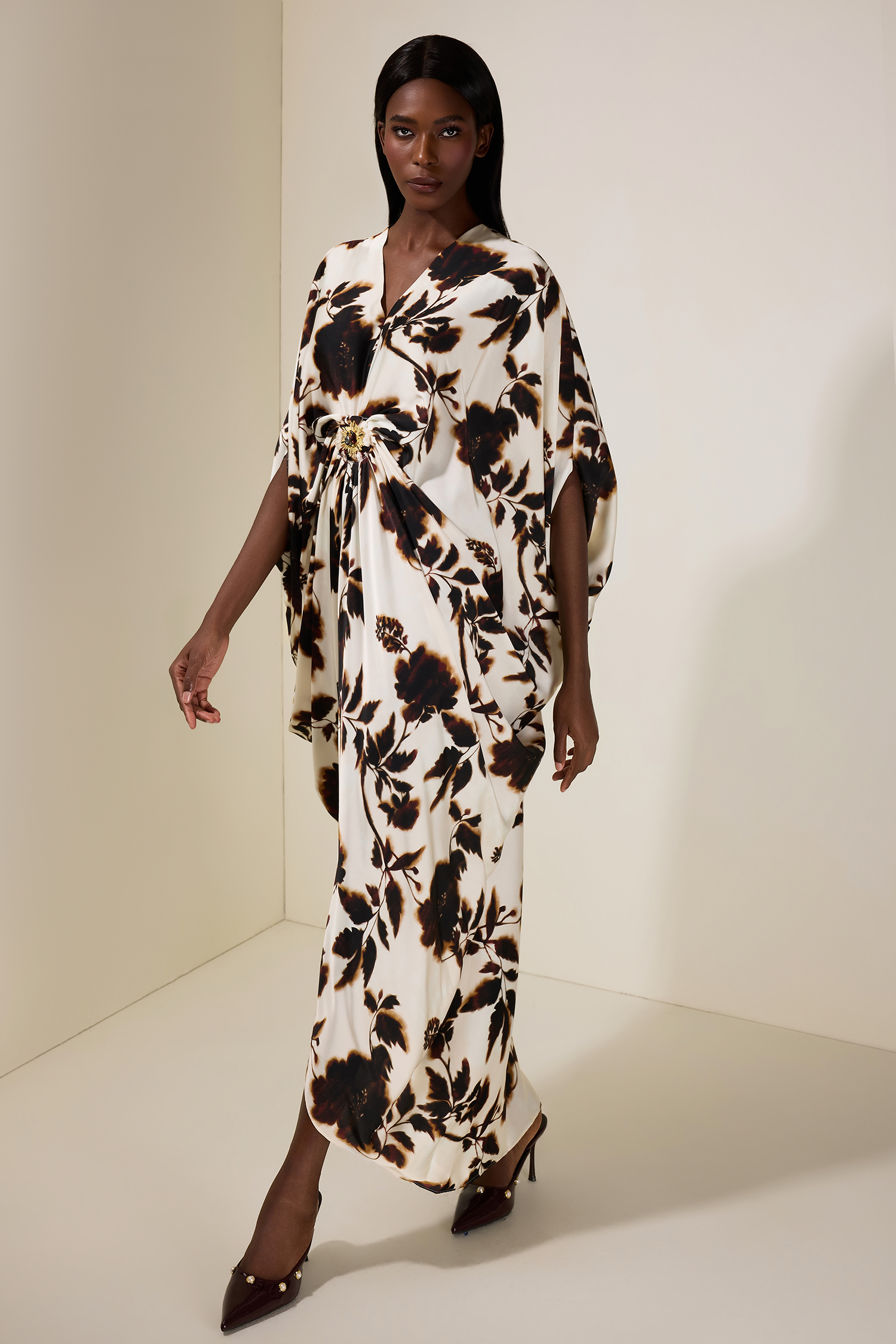 Floral Batwing Sleeve Metal Decorations  Midi Dress