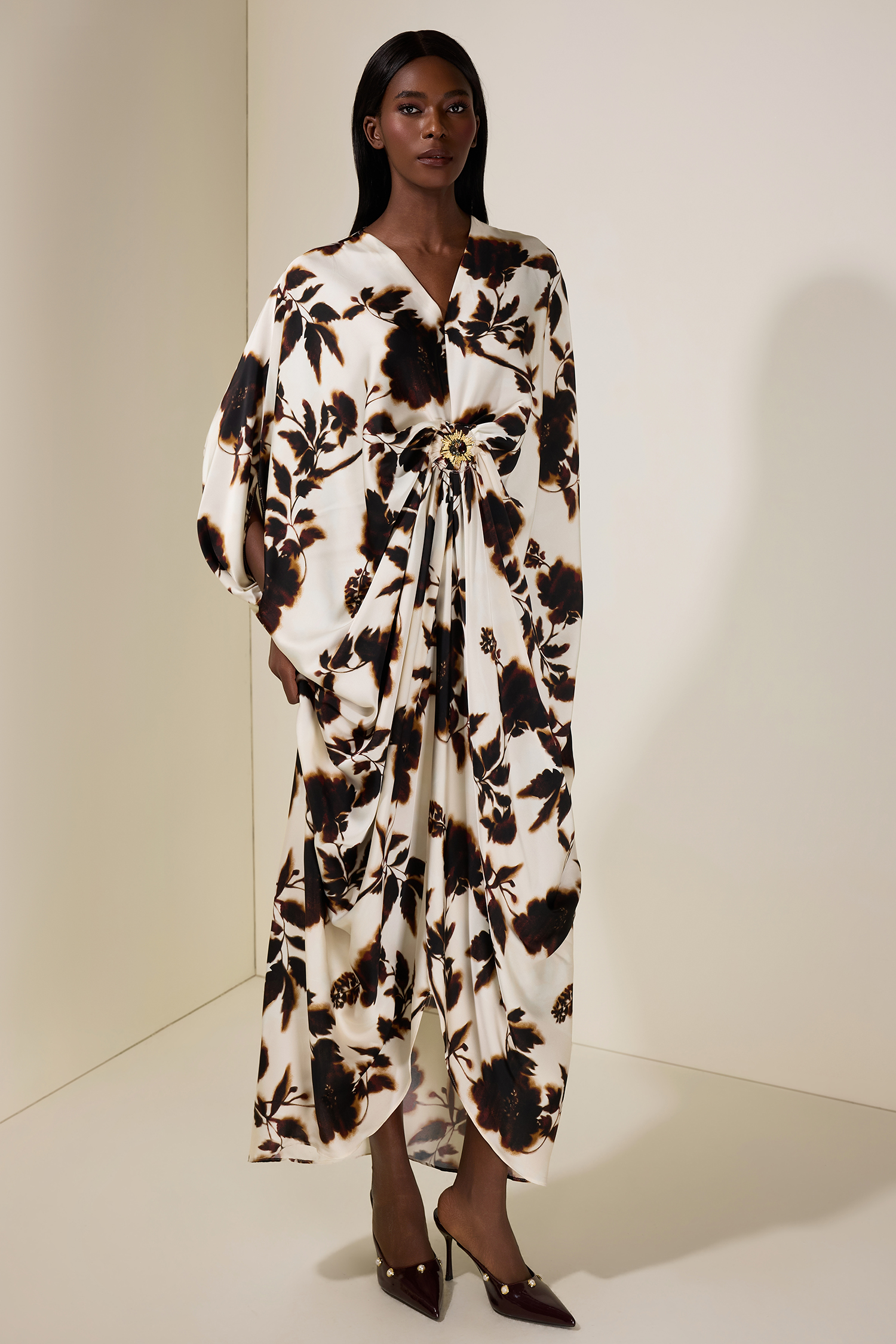 Floral Batwing Sleeve Metal Decorations  Midi Dress