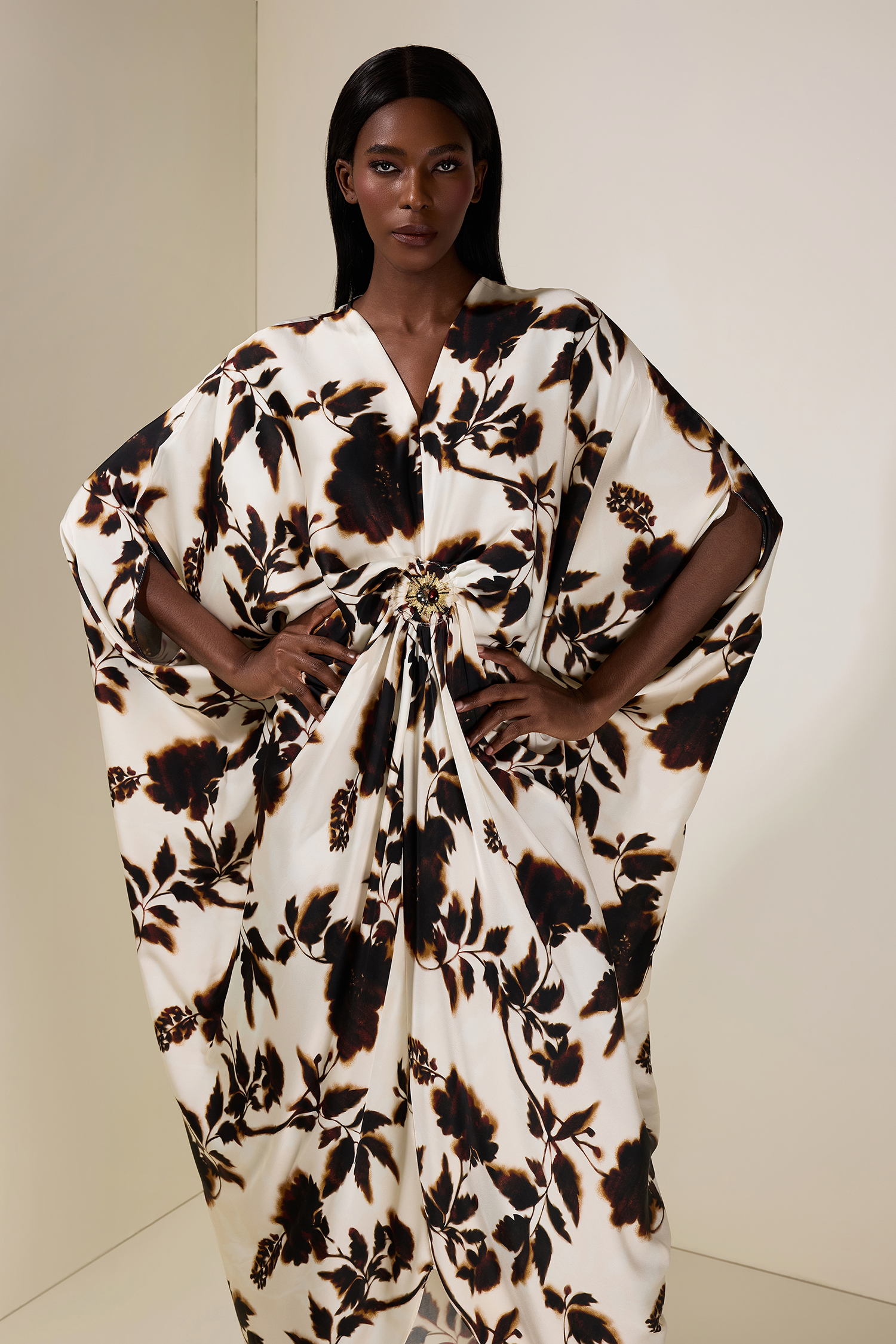 Floral Batwing Sleeve Metal Decorations  Midi Dress