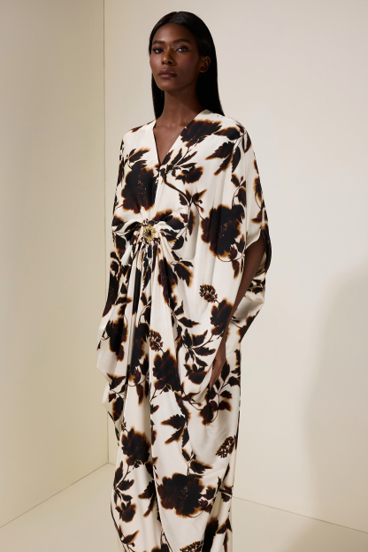 Floral Batwing Sleeve Metal Decorations  Midi Dress