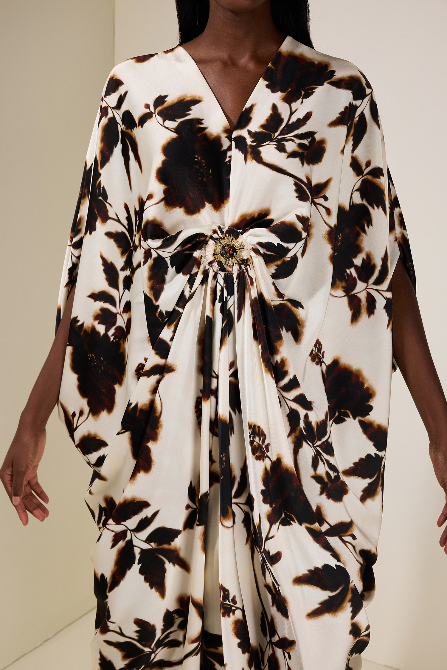 Floral Batwing Sleeve Metal Decorations  Midi Dress