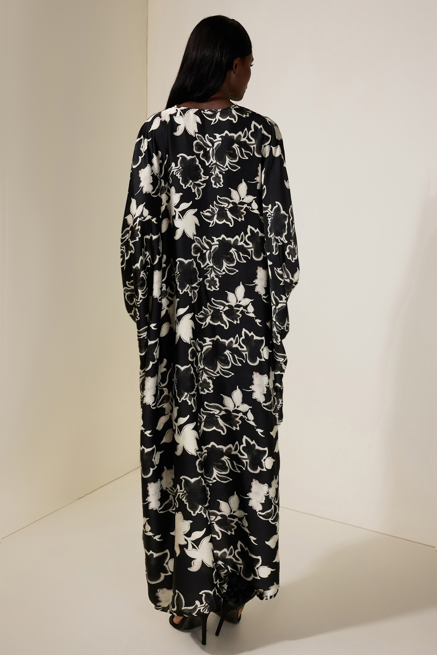 Floral Batwing Sleeve Metal Decorations Midi Dress