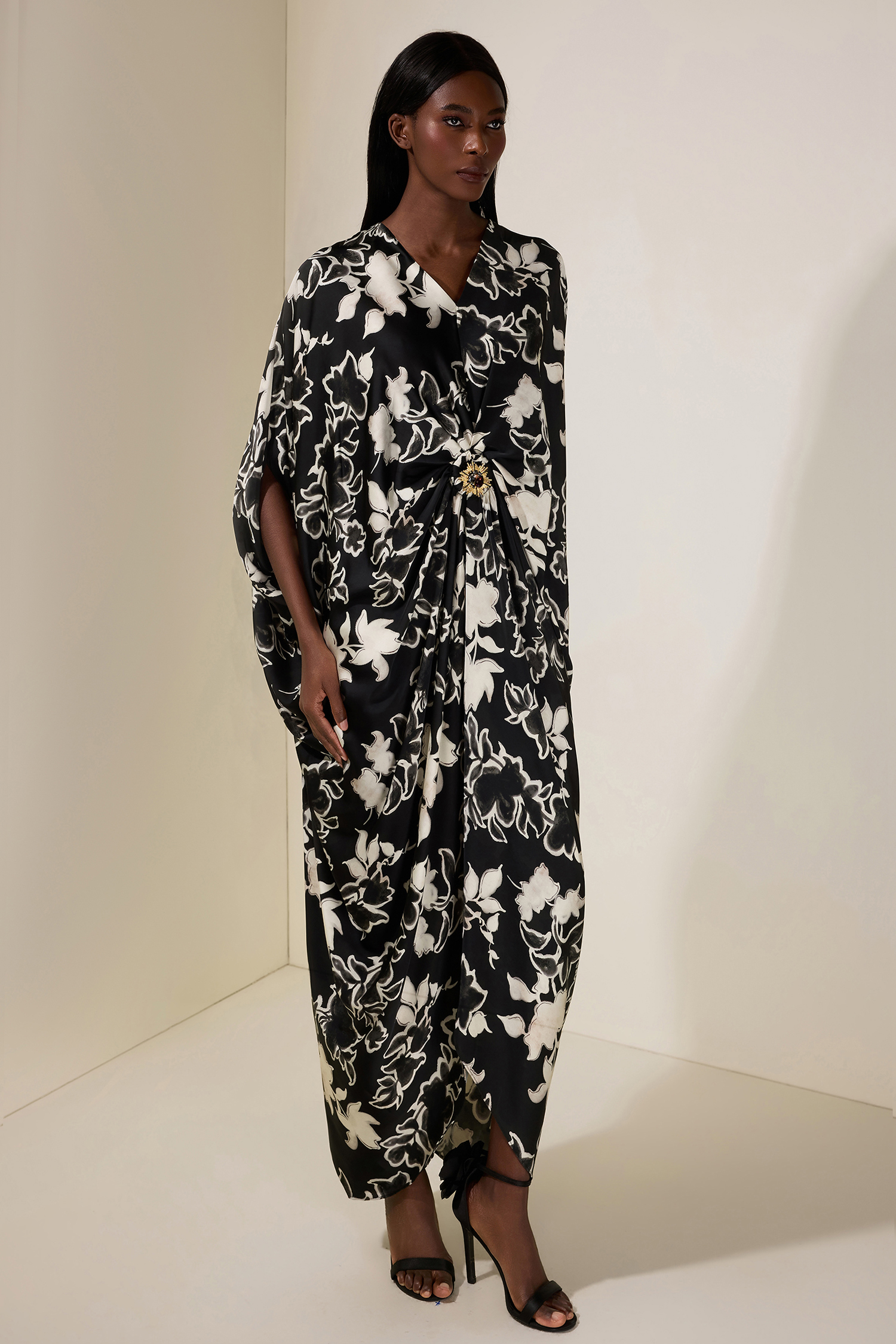 Floral Batwing Sleeve Metal Decorations Midi Dress