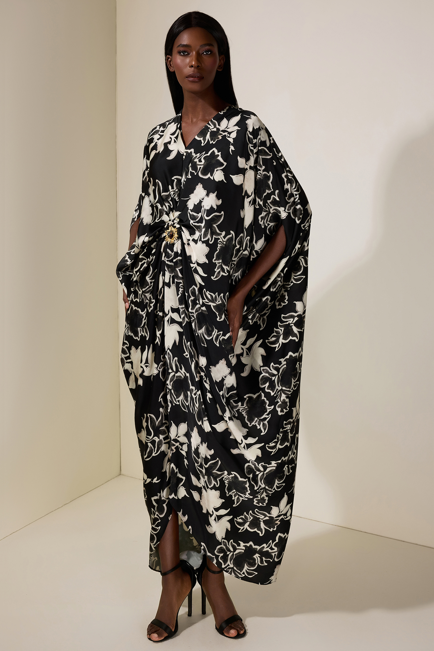 Floral Batwing Sleeve Metal Decorations Midi Dress