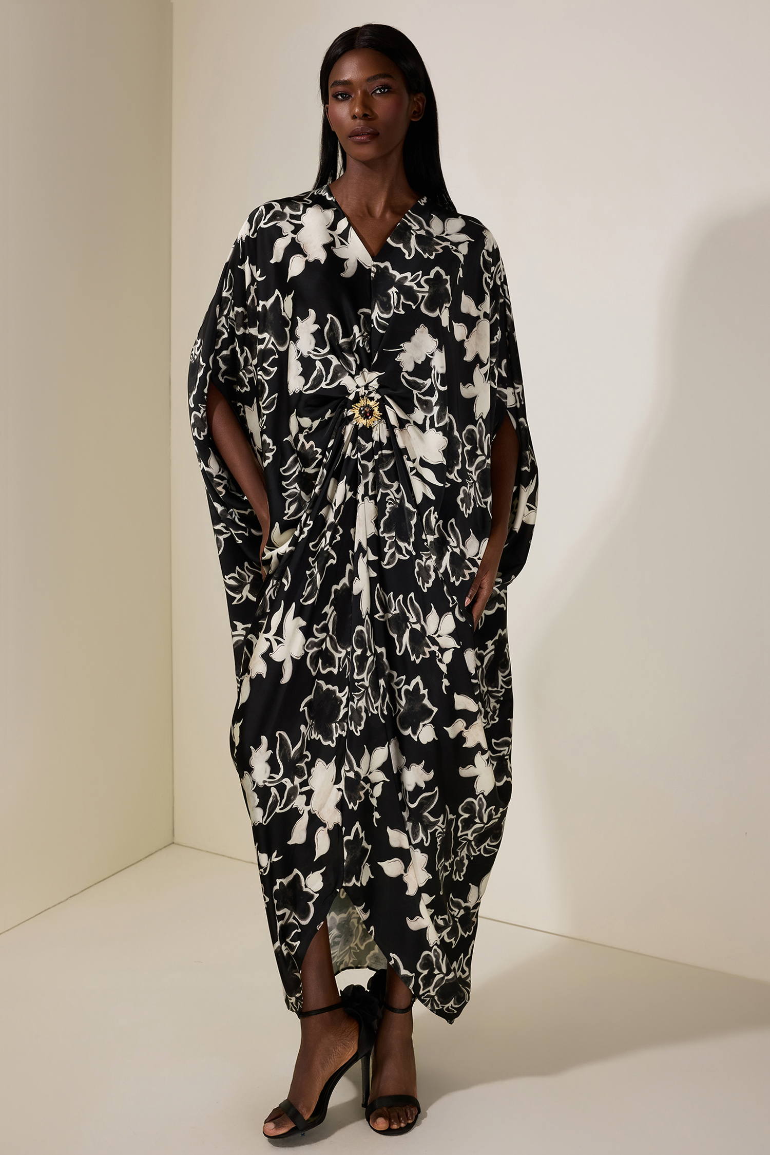 Floral Batwing Sleeve Metal Decorations Midi Dress