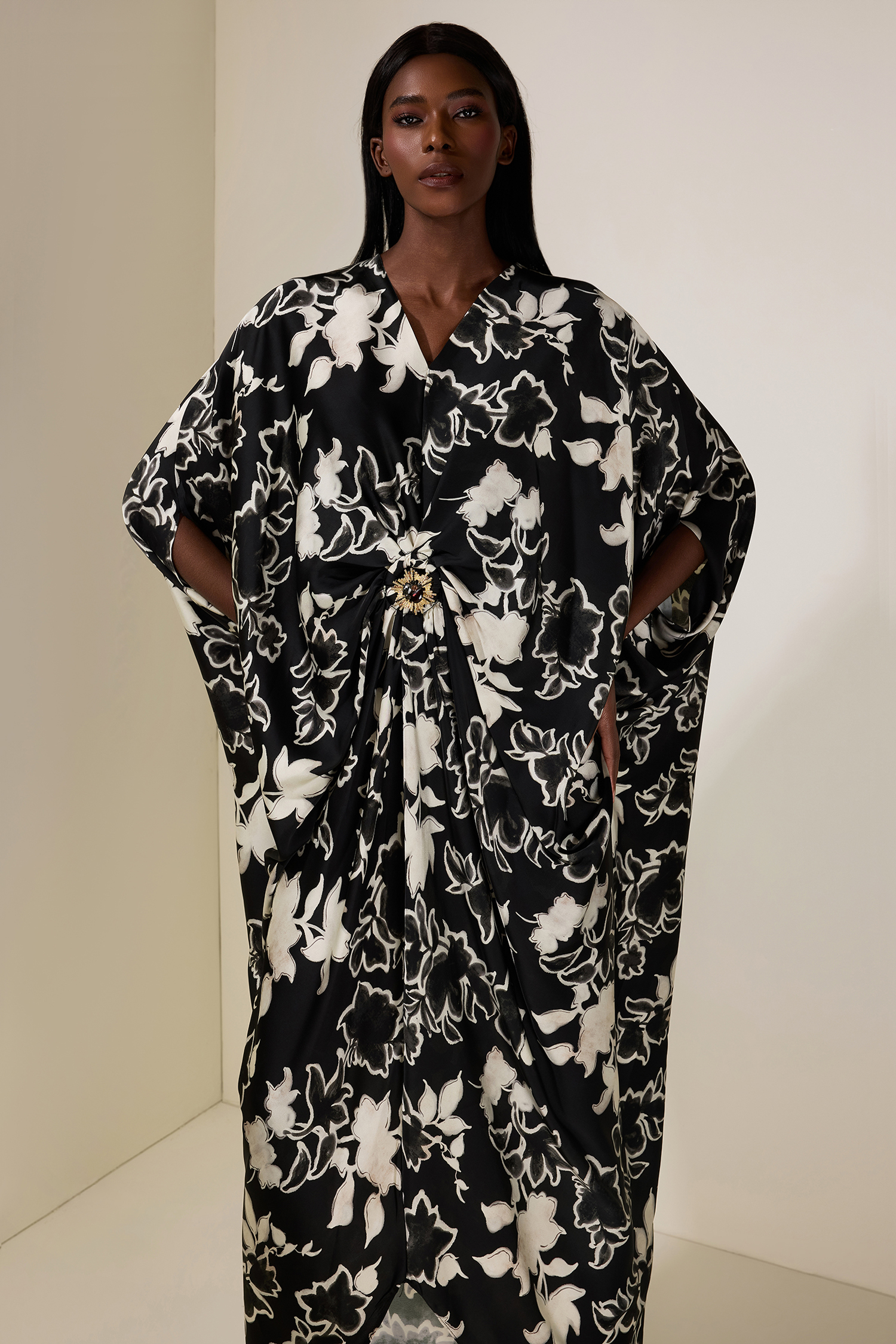 Floral Batwing Sleeve Metal Decorations Midi Dress