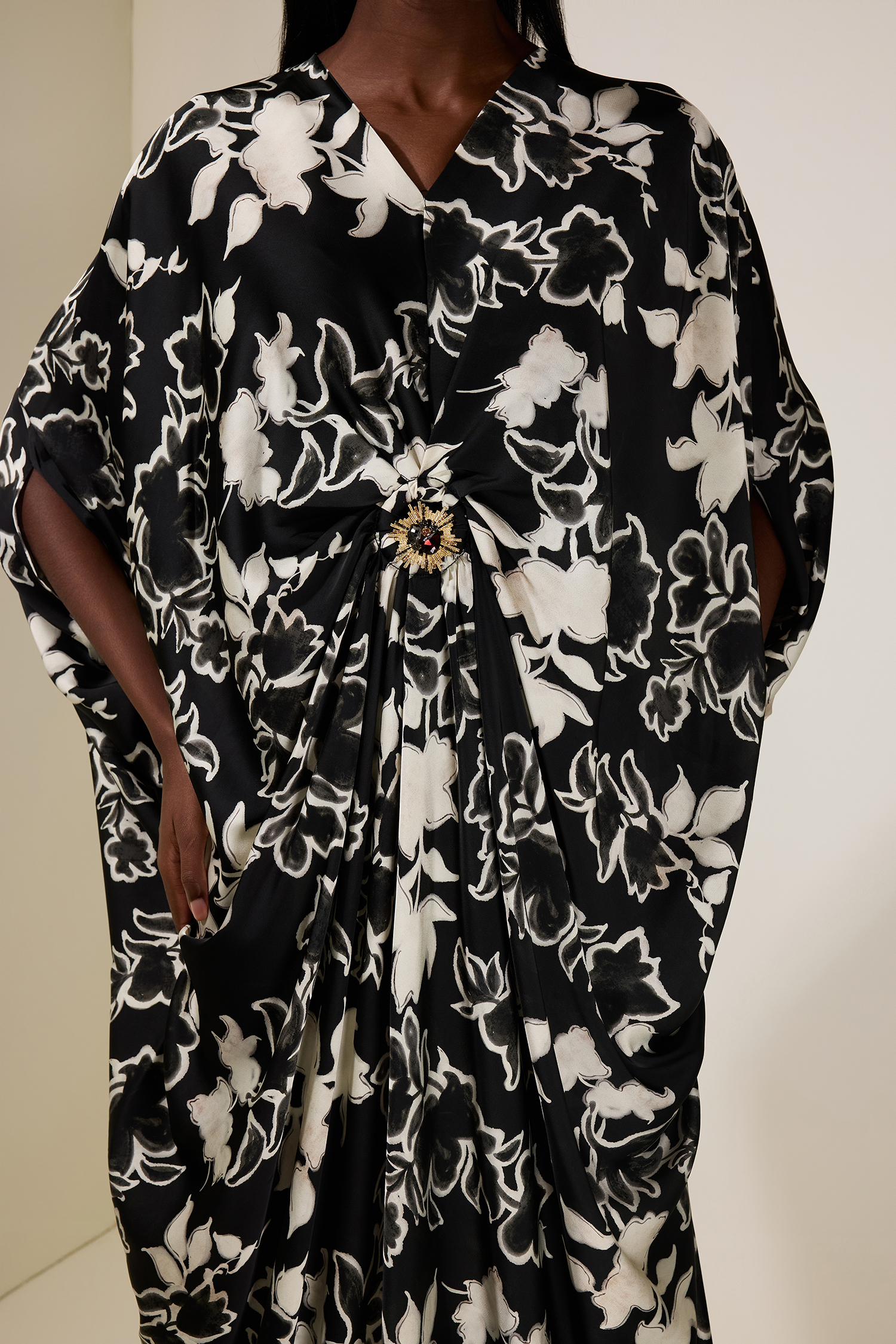 Floral Batwing Sleeve Metal Decorations Midi Dress