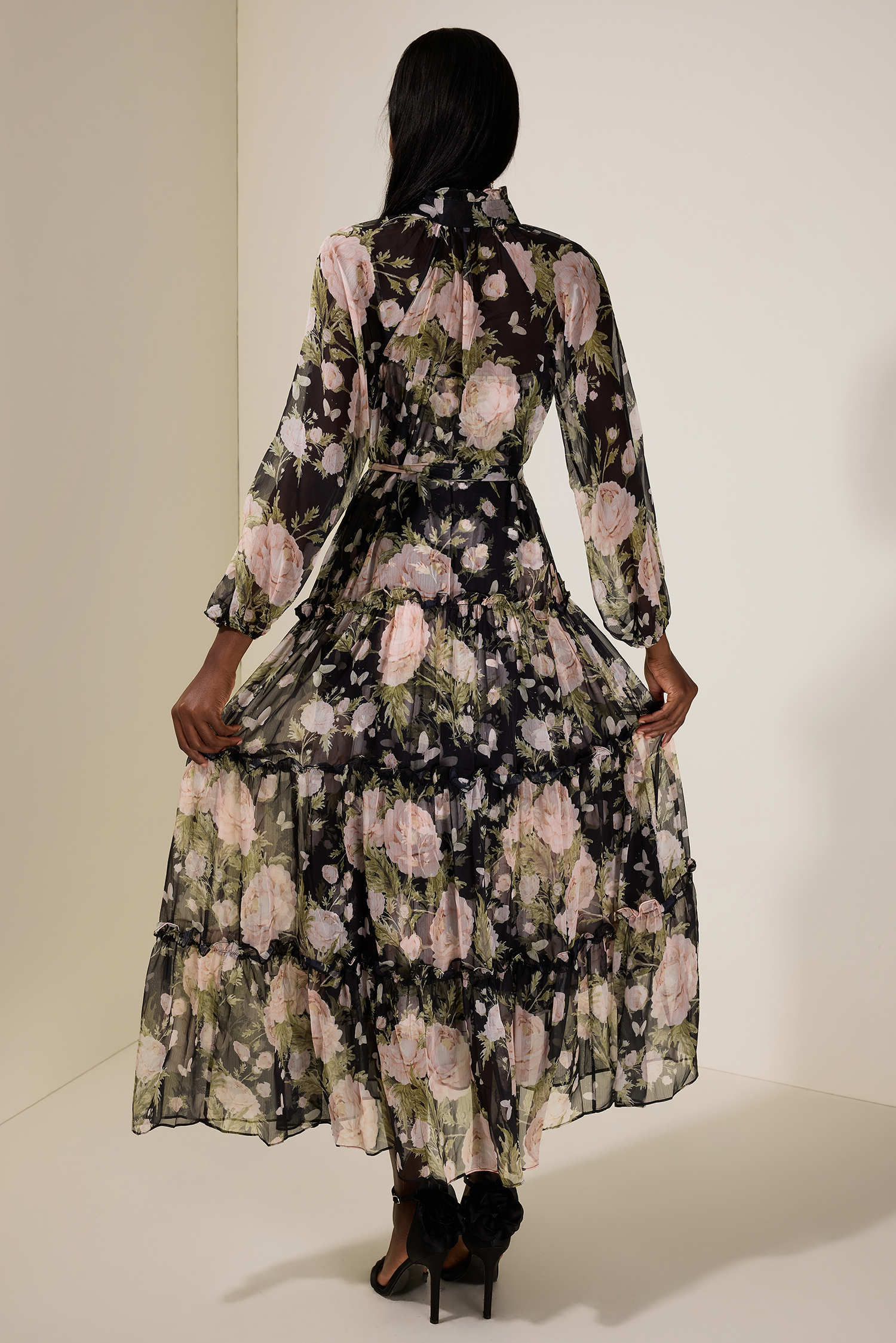 Chiffon Floral Single Breasted Midi Dress With Belt